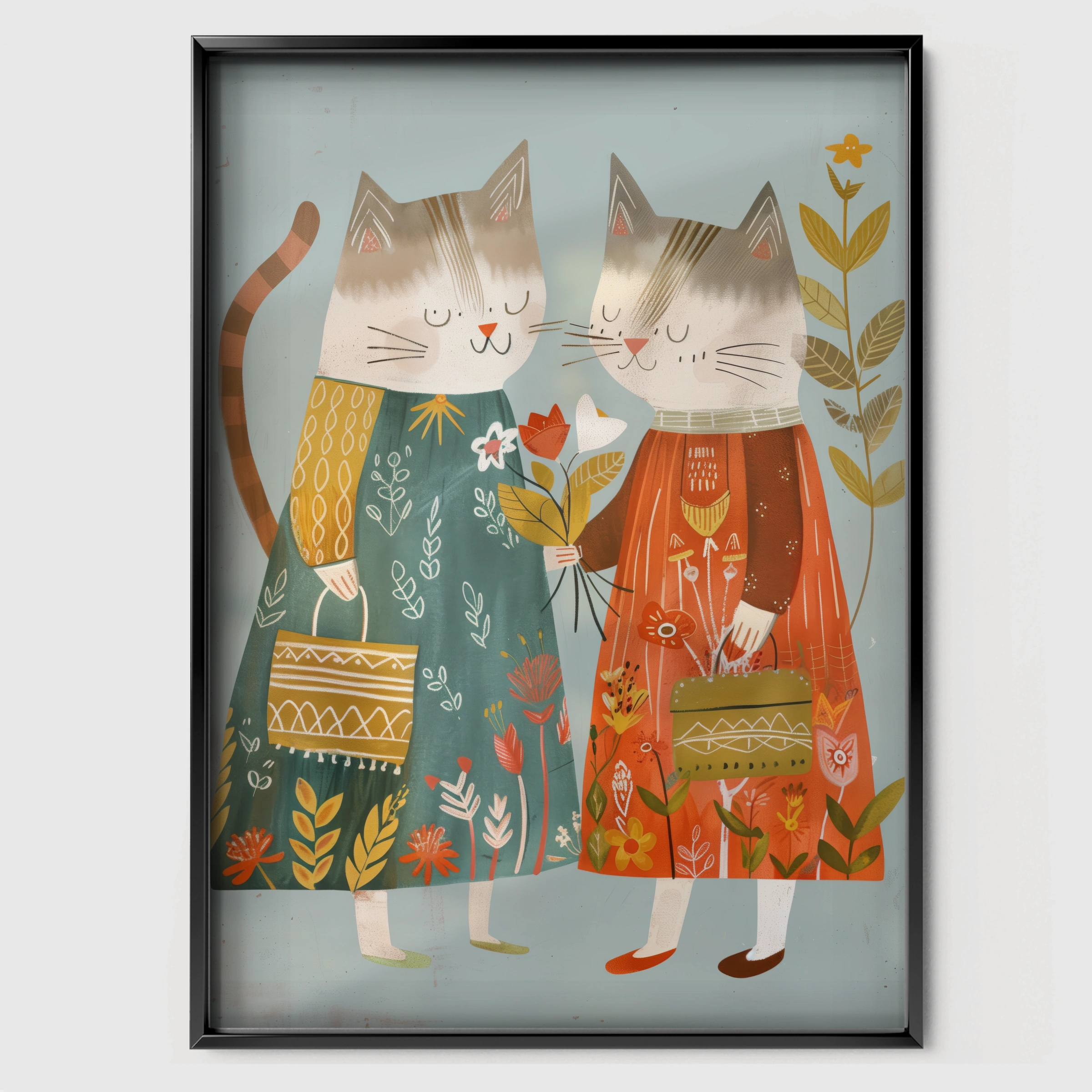 Two Folk Cats Nursery Print - black framed nursery wall art print