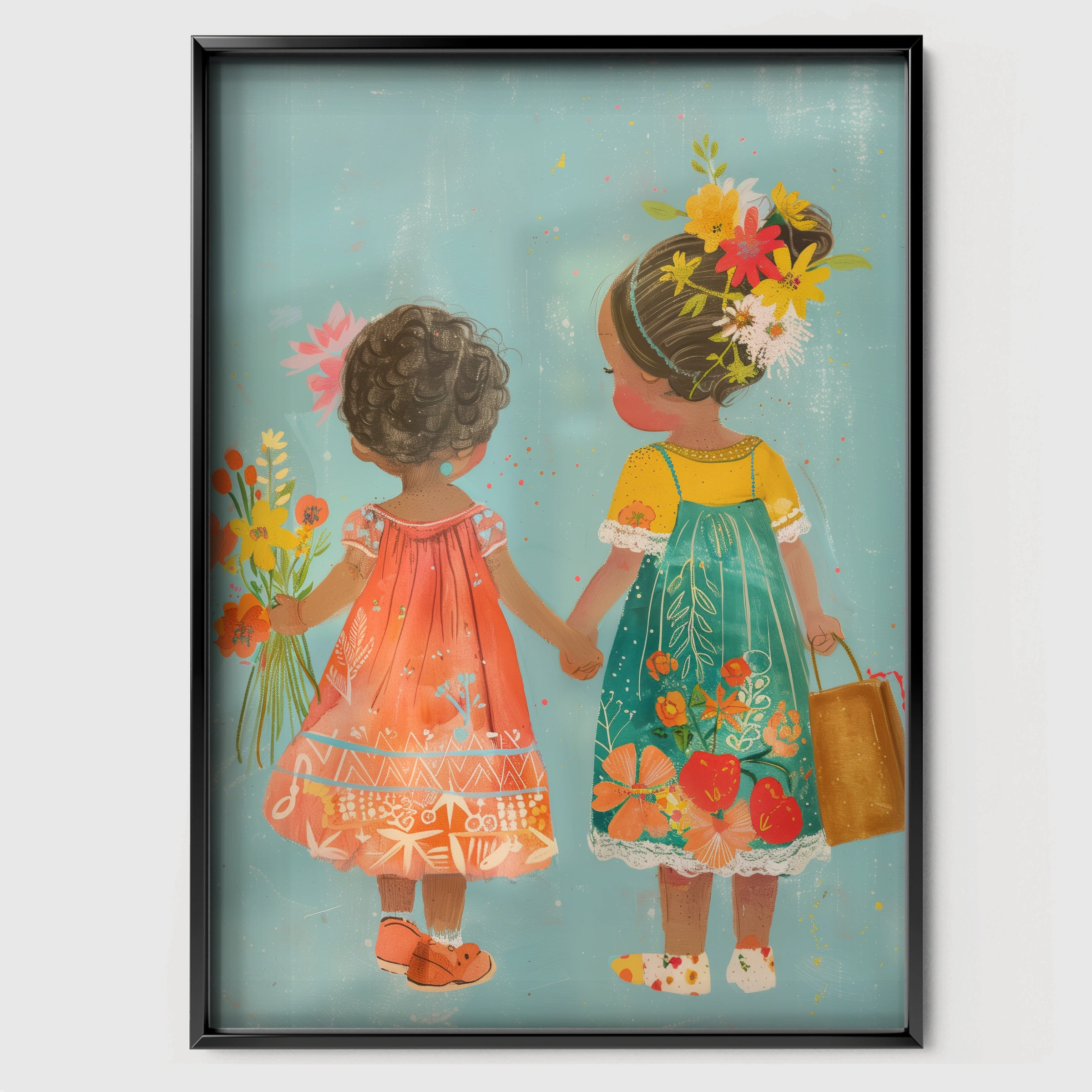 Two Girls with Flowers Nursery Print - black framed nursery wall art print