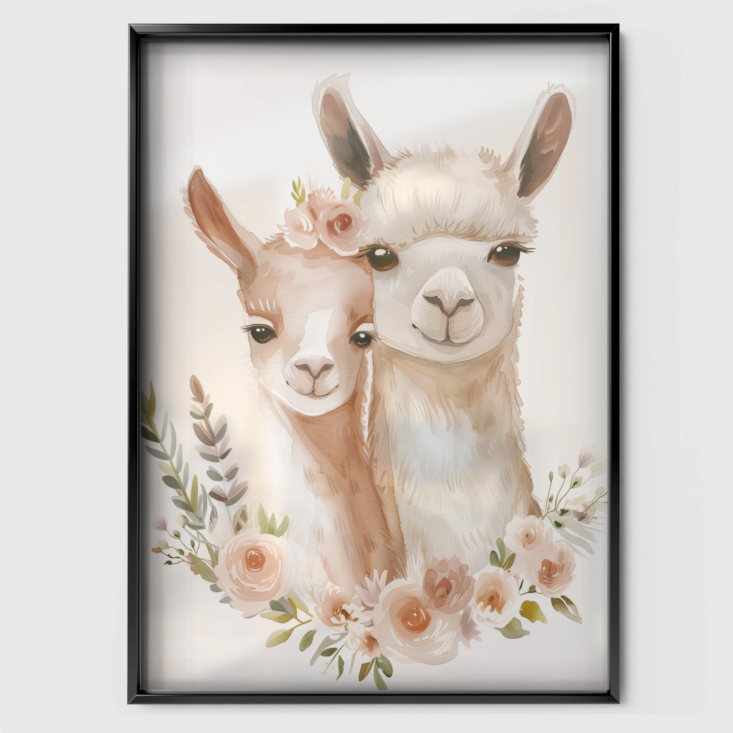 Two Llamas Nursery Print - black framed nursery wall art print