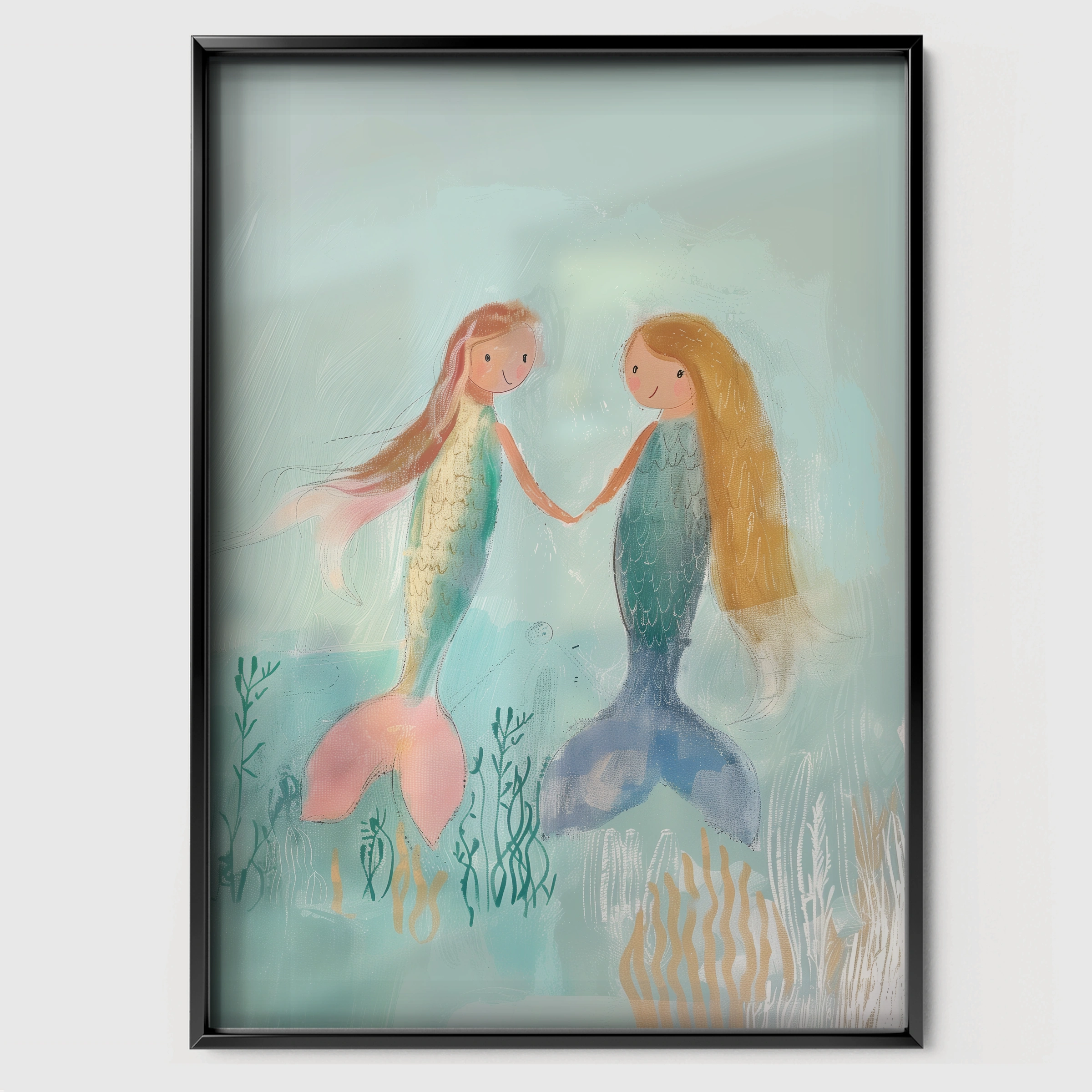 Two Mermaids Blue Nursery Print - black framed nursery wall art print