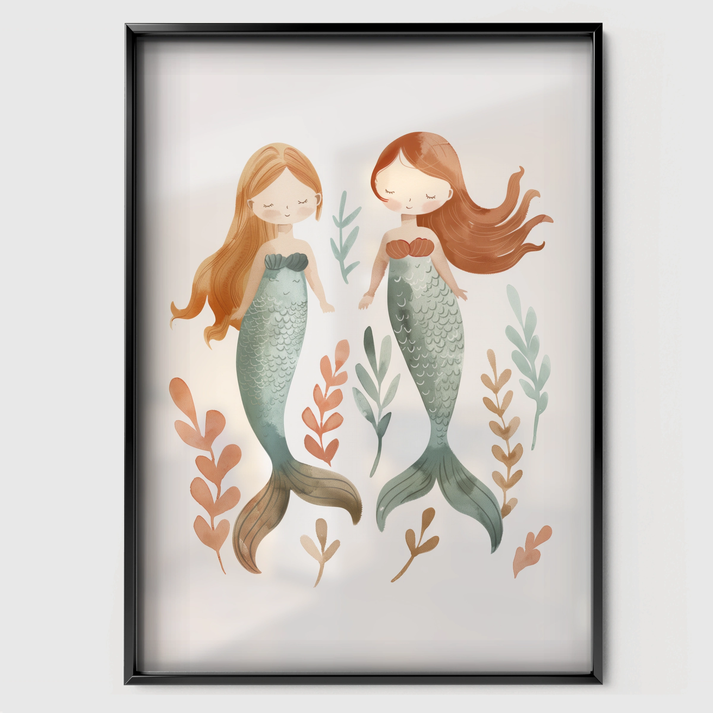 Two Mermaids Nursery Print - black framed nursery wall art print