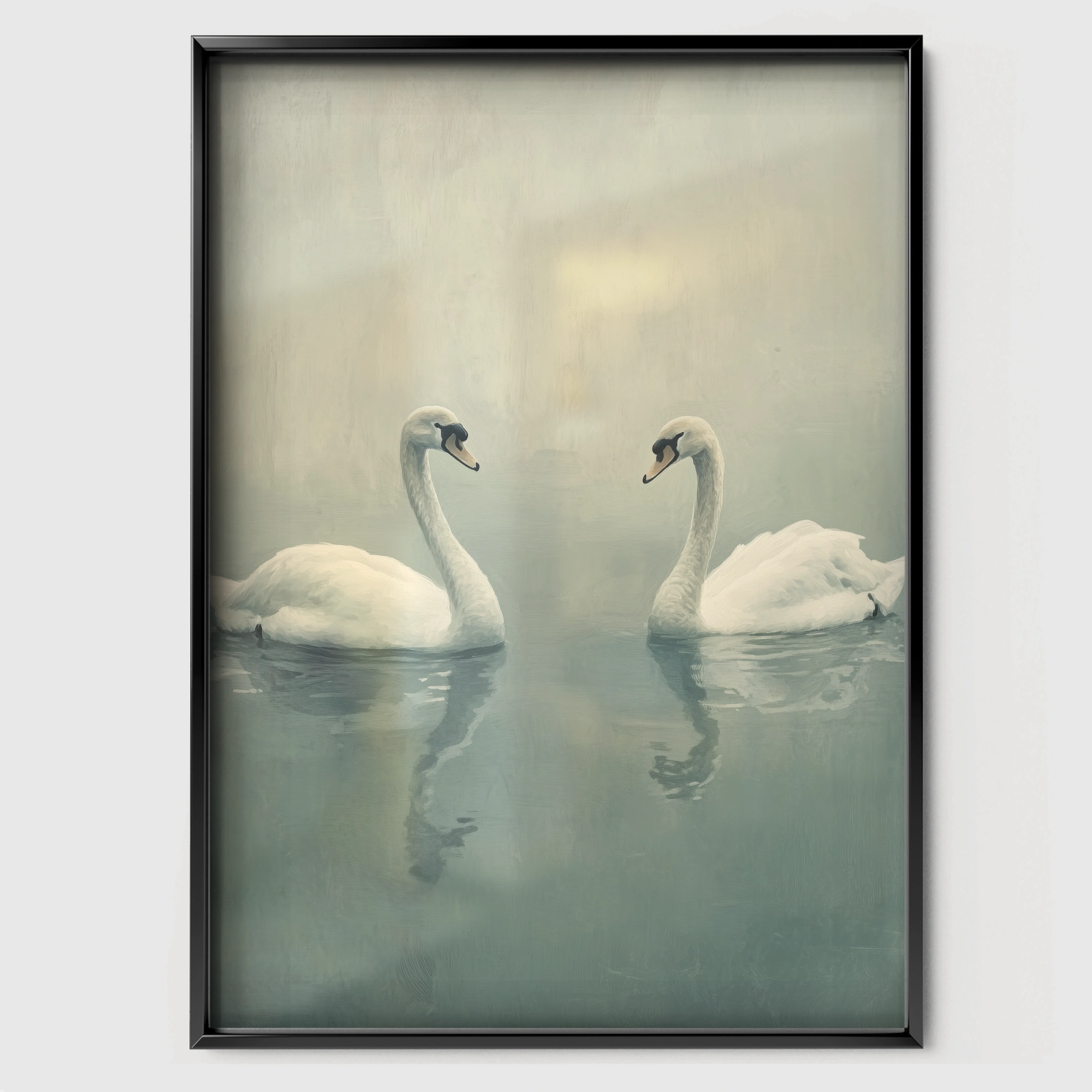 Two Swans on the Lake Nursery Print - black framed nursery wall art print