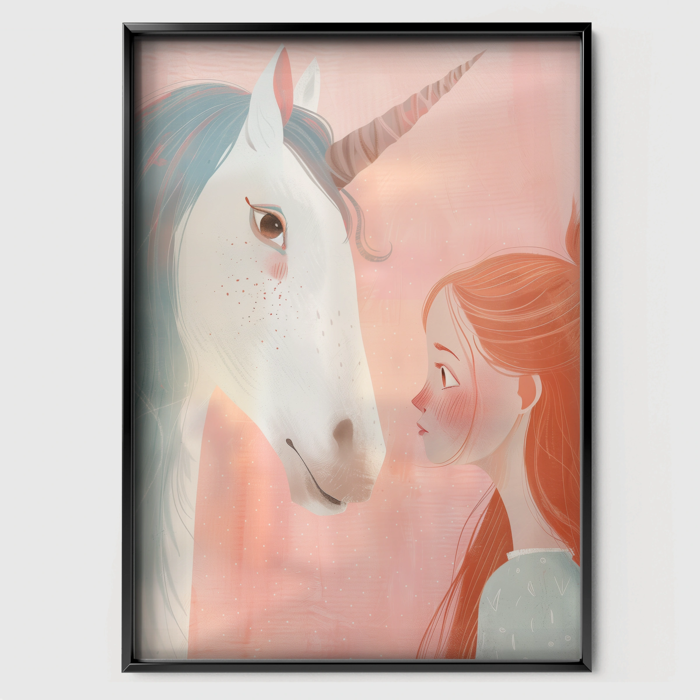 Unicorn and Girl Nursery Print - black framed nursery wall art print