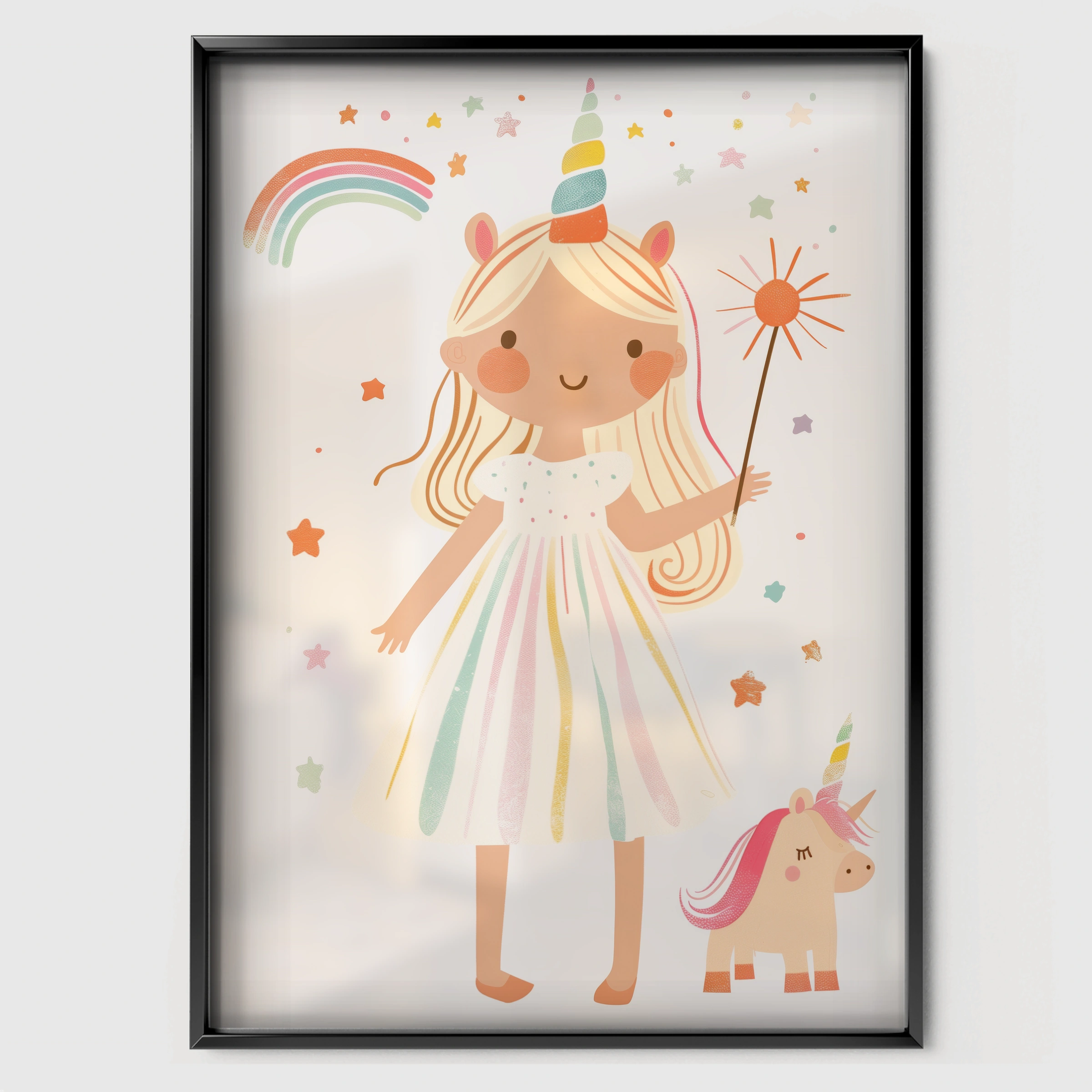 Unicorn Girl Nursery Print - black framed nursery wall art print