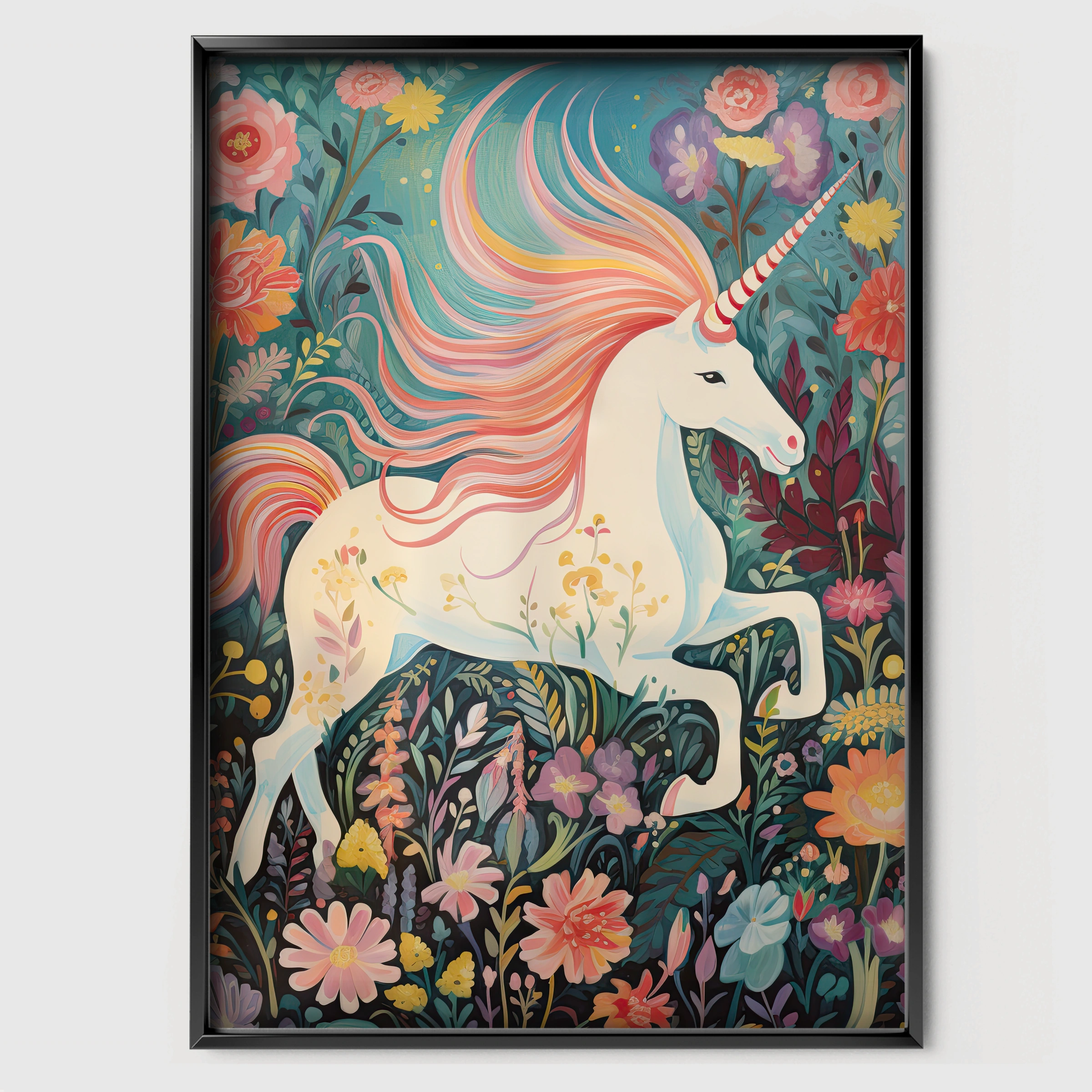 Unicorn in Bloom Nursery Print - black framed nursery wall art print