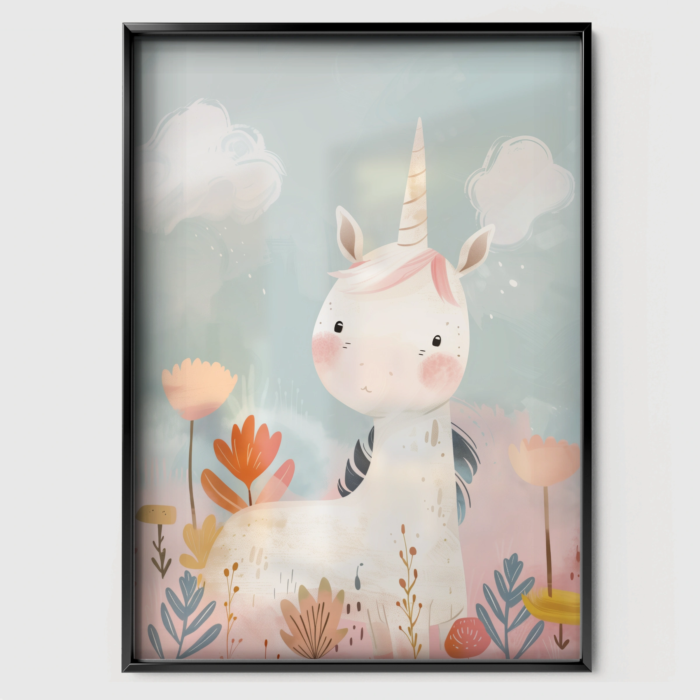 Unicorn in Flowers Nursery Print - black framed nursery wall art print