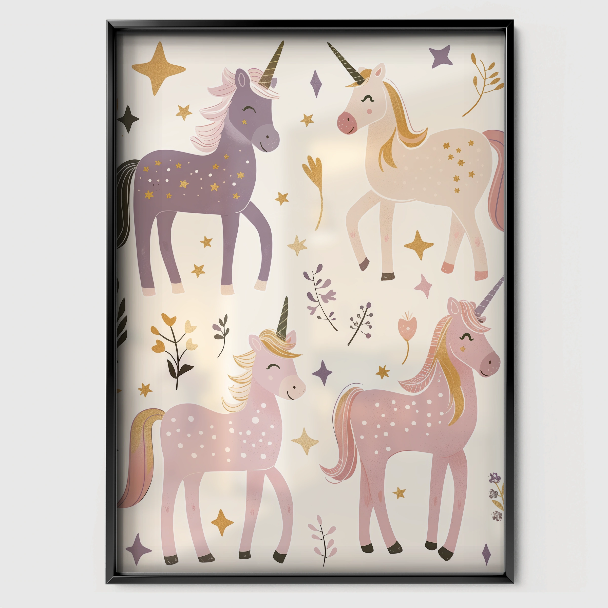 Unicorn Pattern Nursery Print - black framed nursery wall art print