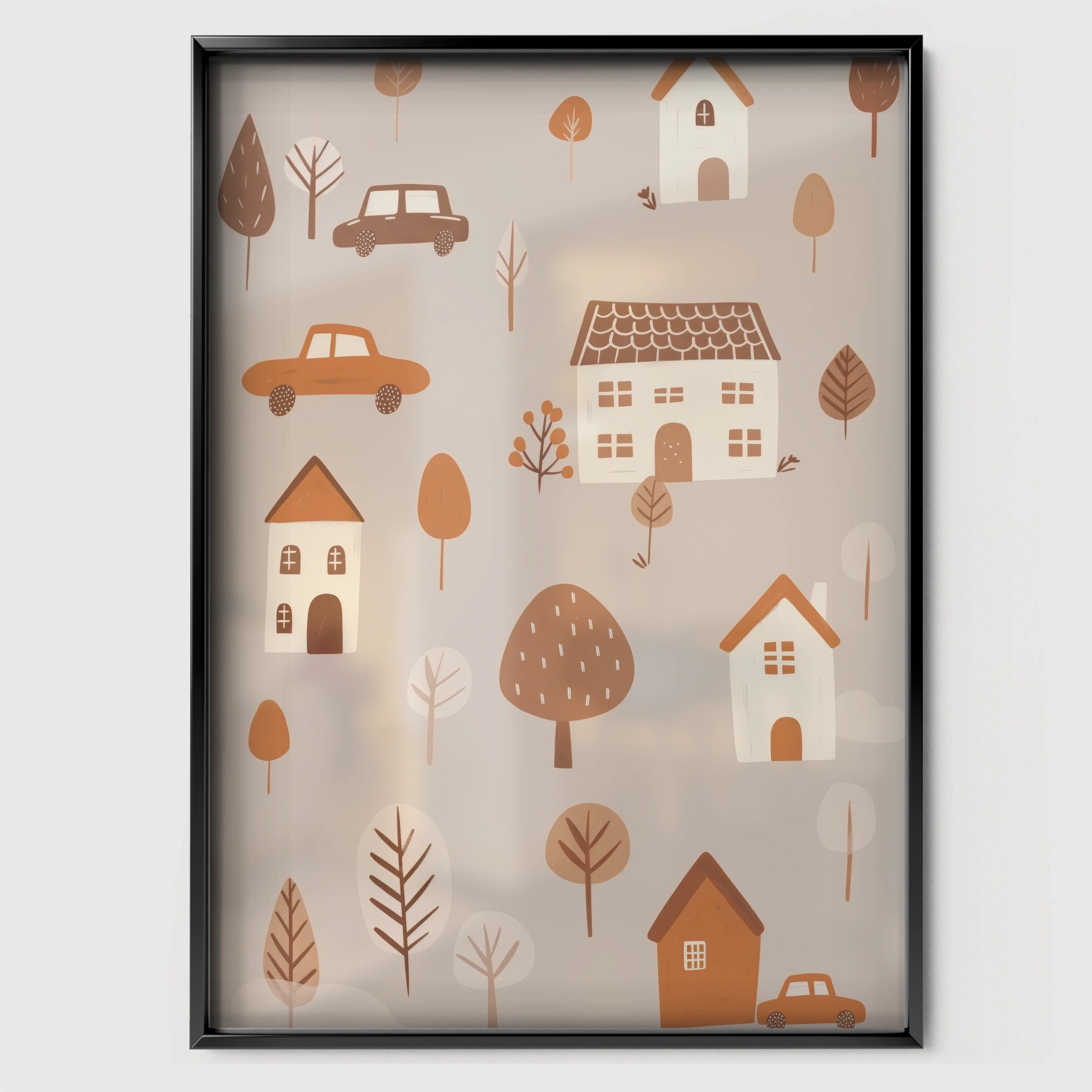 Village and Cars Nursery Print - black framed nursery wall art print