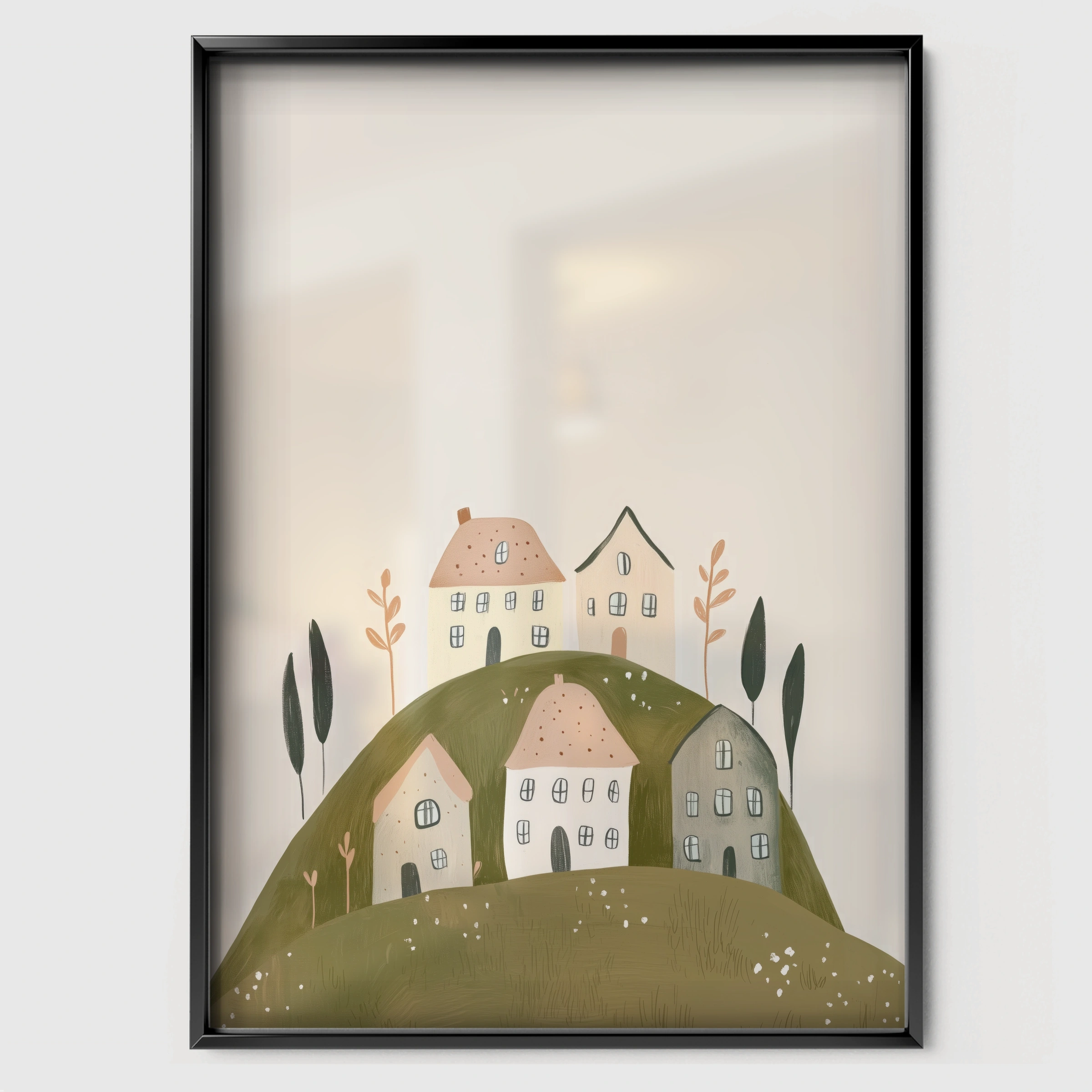 Village on the Hill Nursery Print - black framed nursery wall art print