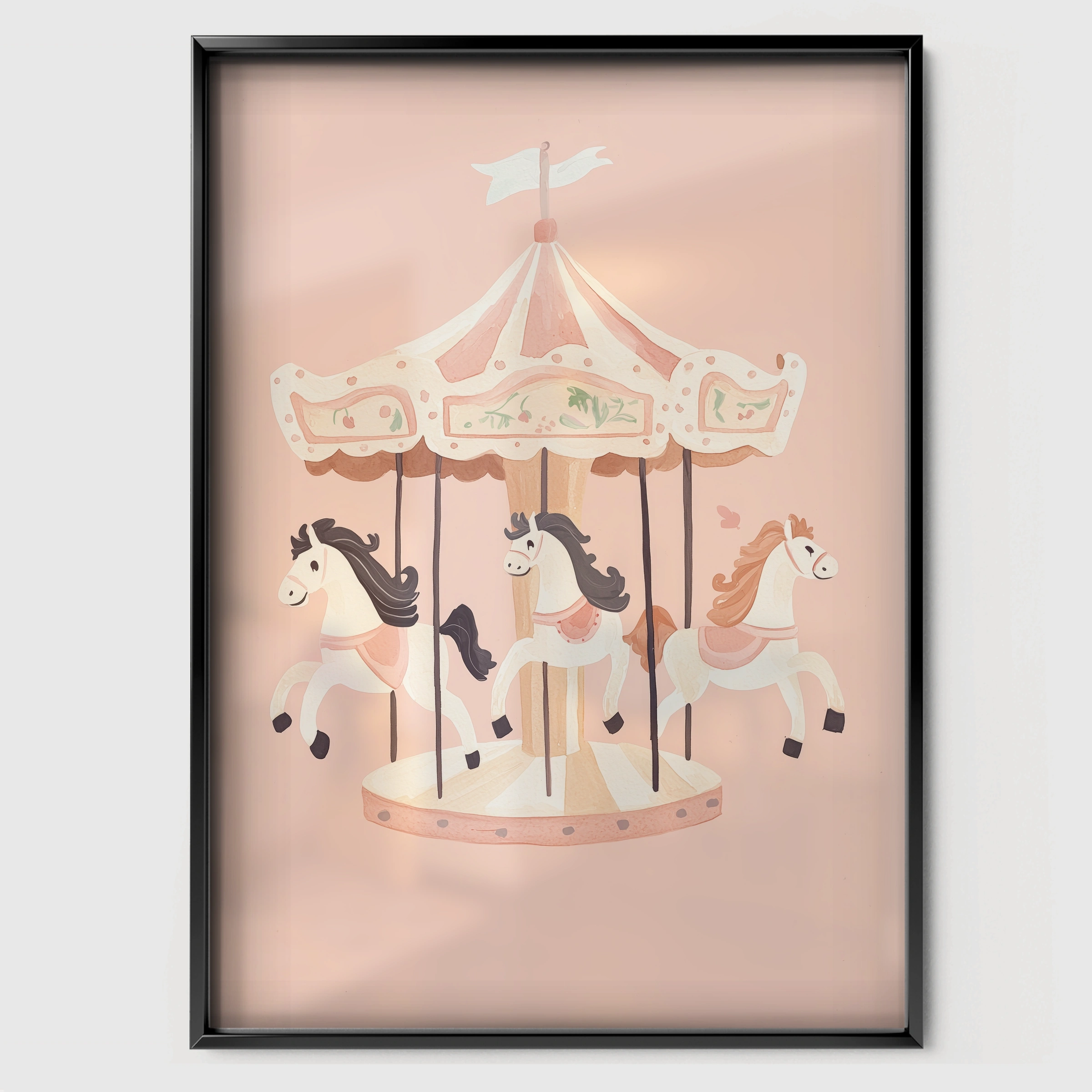 Vintage Carousel Nursery Print - black framed nursery wall art print