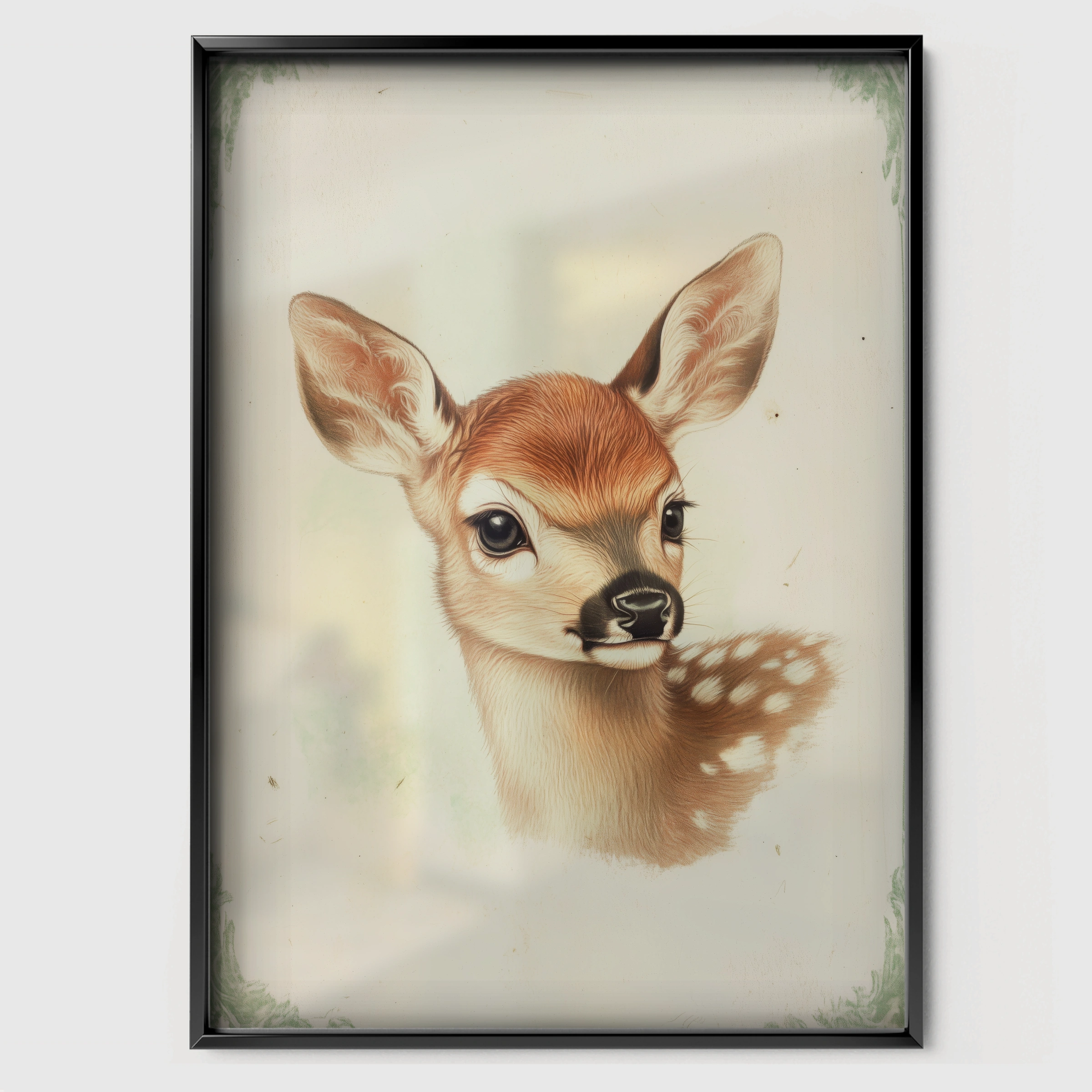 Vintage Fawn Nursery Print - black framed nursery wall art print