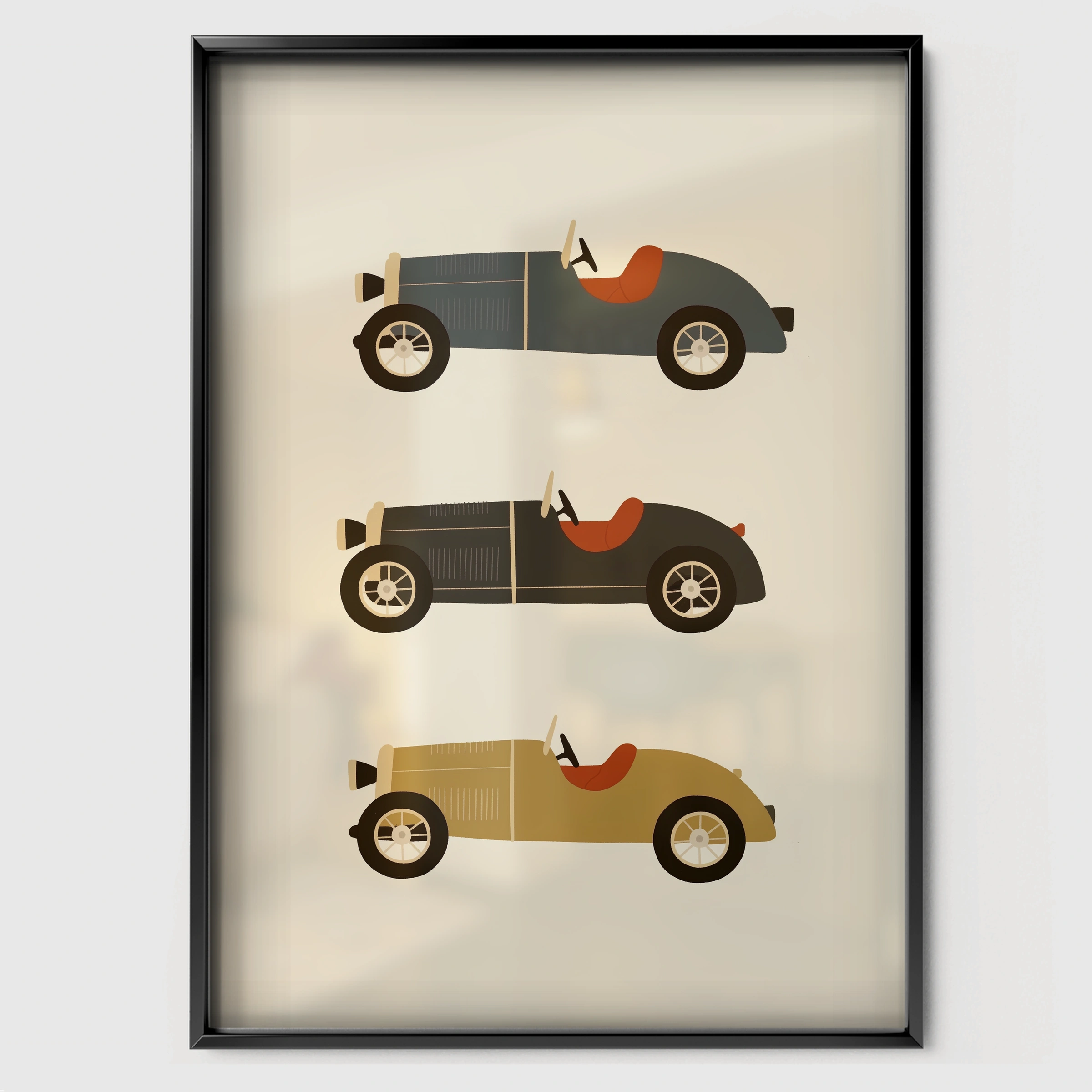 Vintage Motor Cars Nursery Print - black framed nursery wall art print