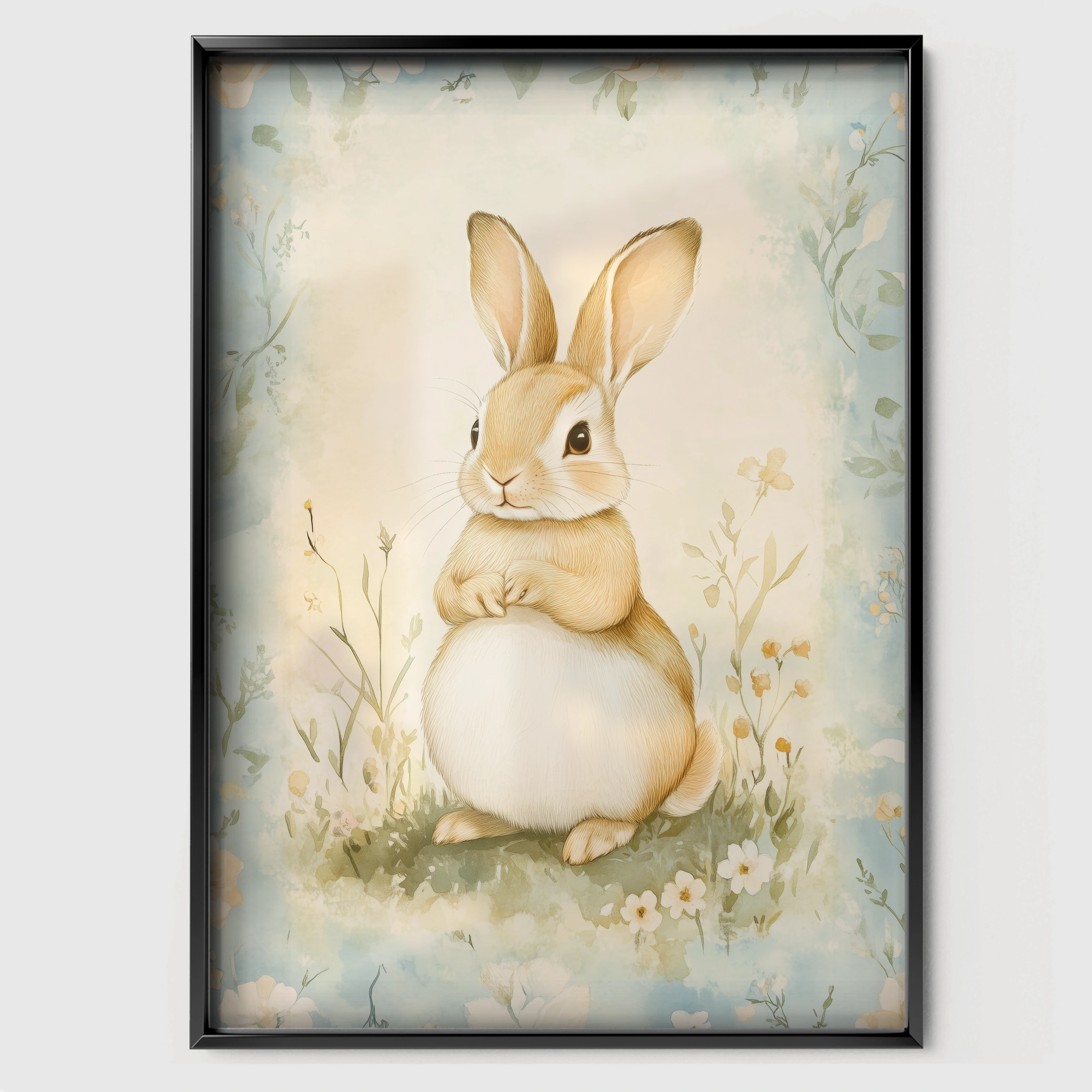 Vintage Rabbit Nursery Print - black framed nursery wall art print