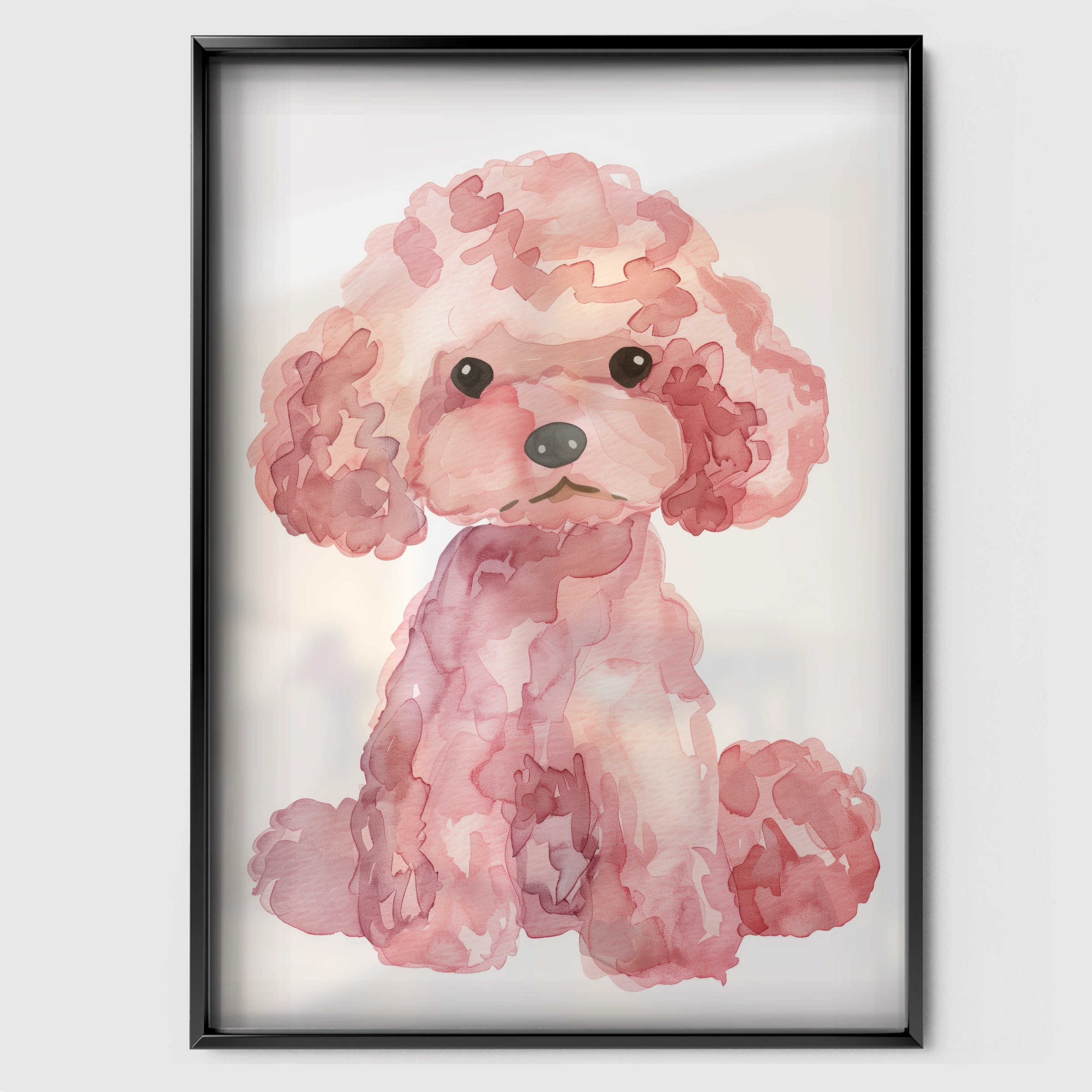 Watercolor Pink Poodle Nursery Print - black framed nursery wall art print