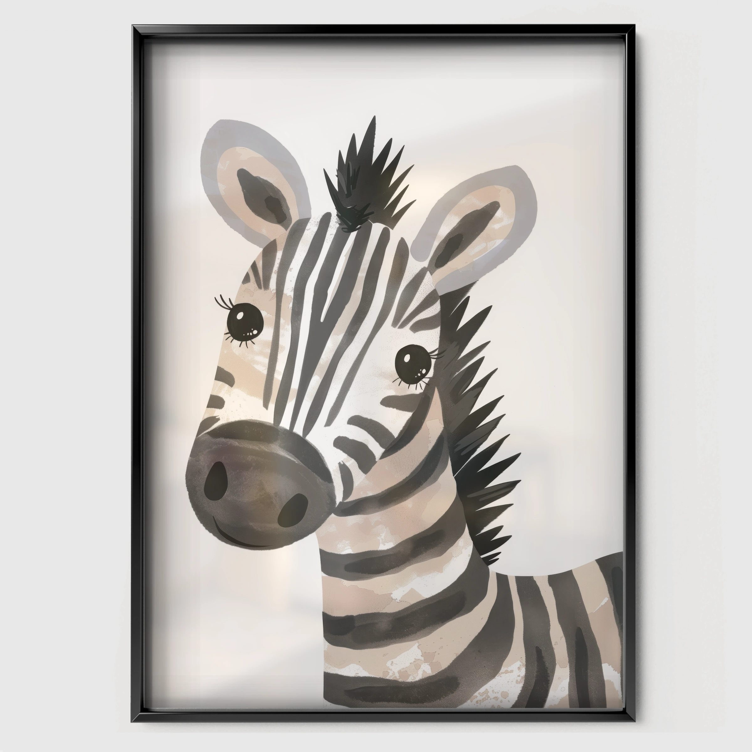 Watercolor Zebra Nursery Print - black framed nursery wall art print