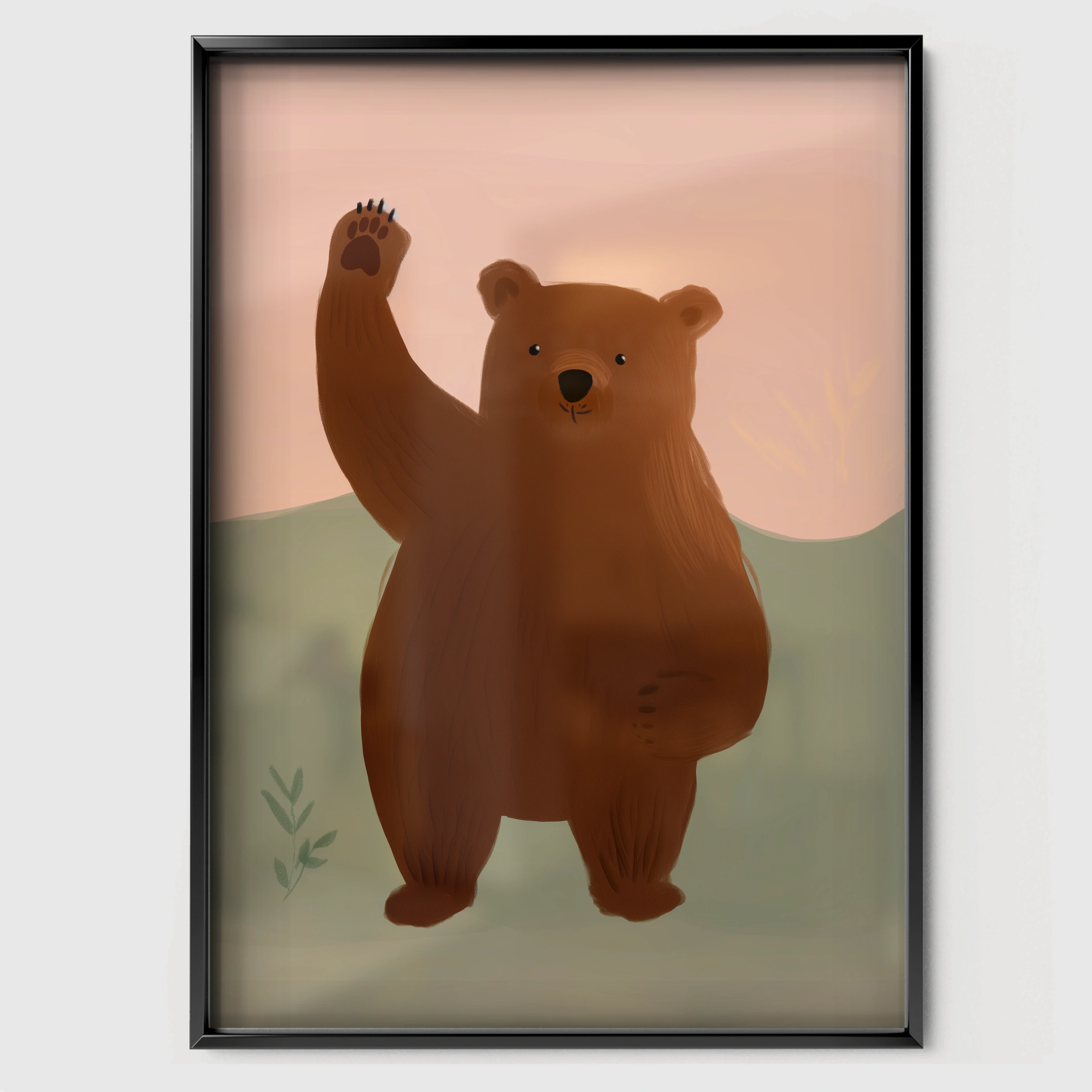Waving Bear Nursery Print - black framed nursery wall art print