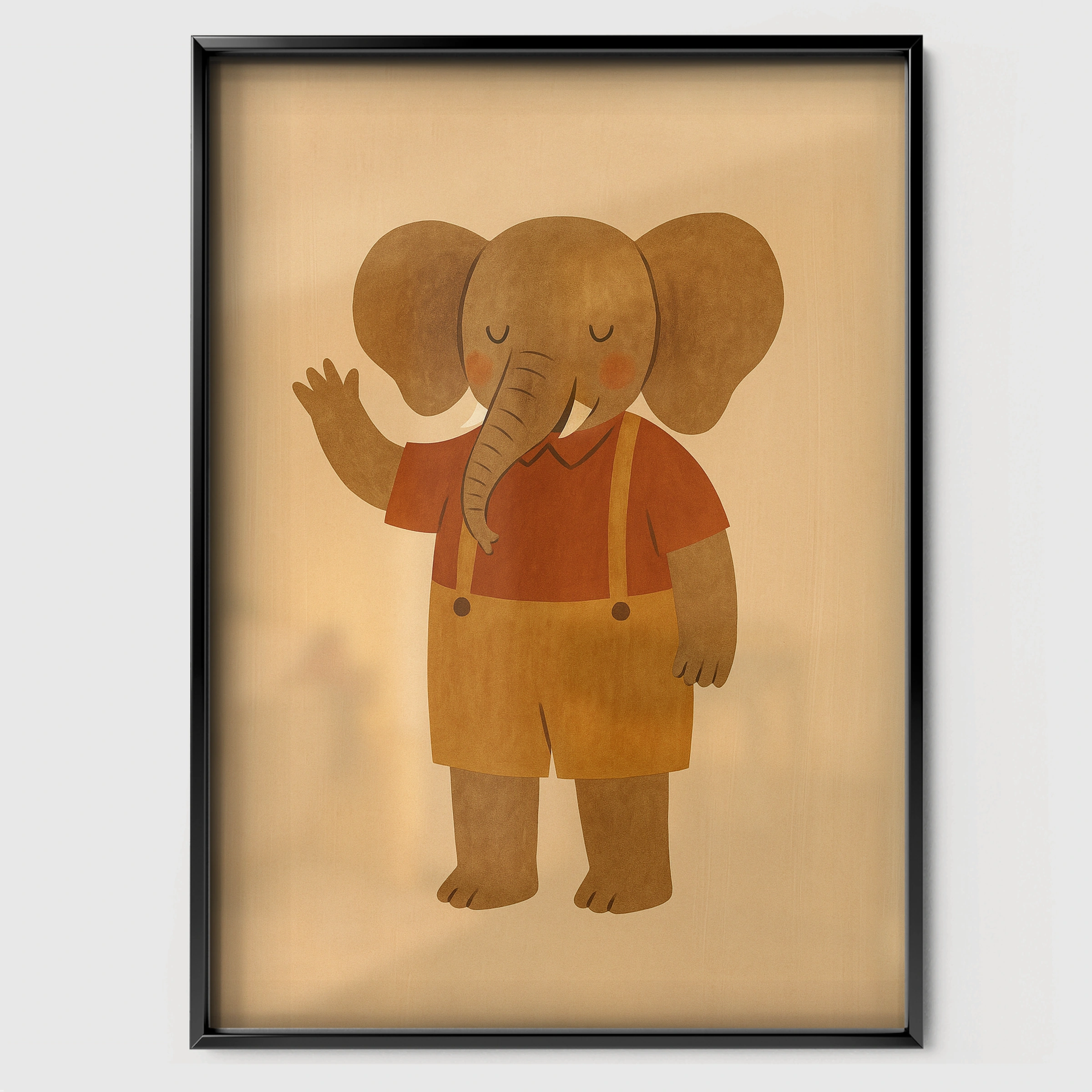 Waving Elephant Nursery Print - black framed nursery wall art print