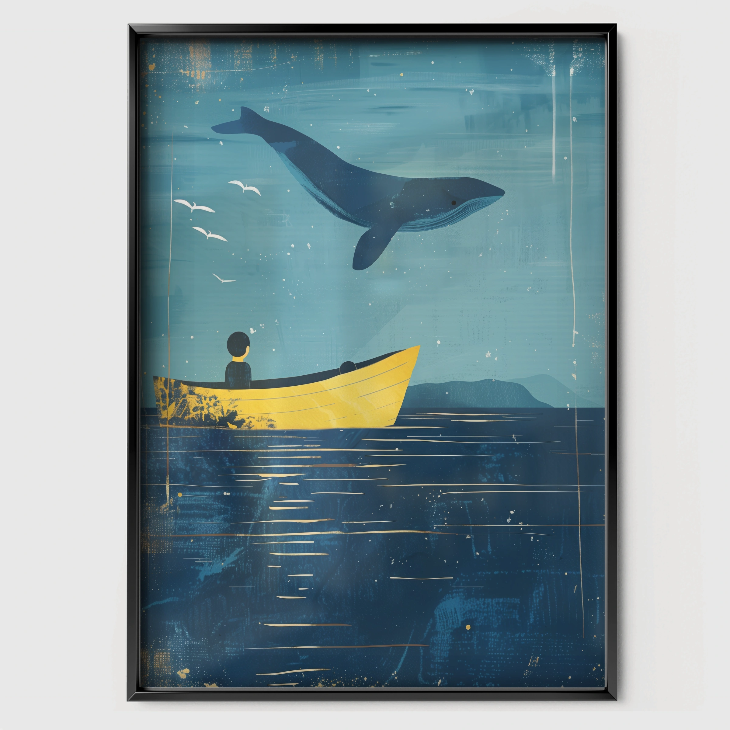 Whale and Boat Nursery Print - black framed nursery wall art print