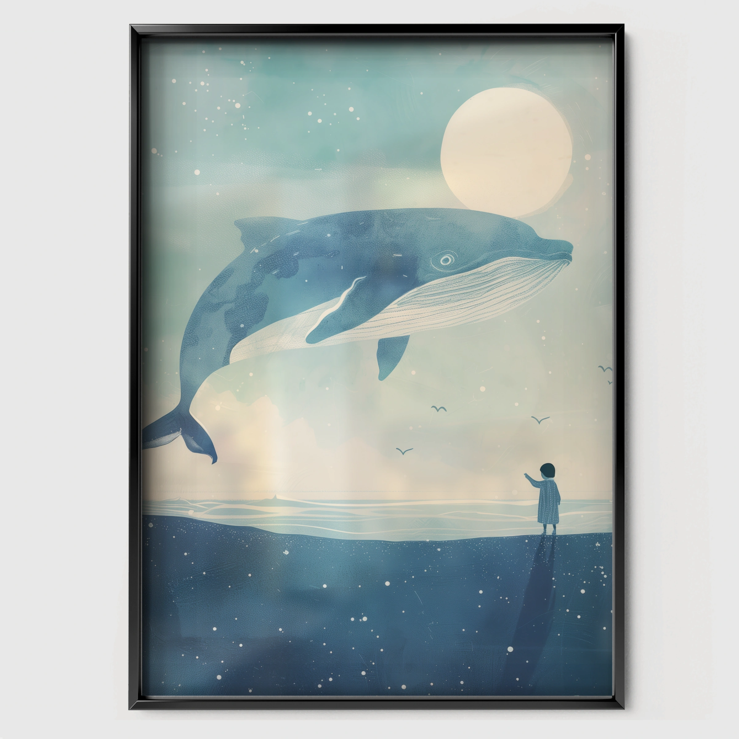 Whale at Dusk Nursery Print - black framed nursery wall art print