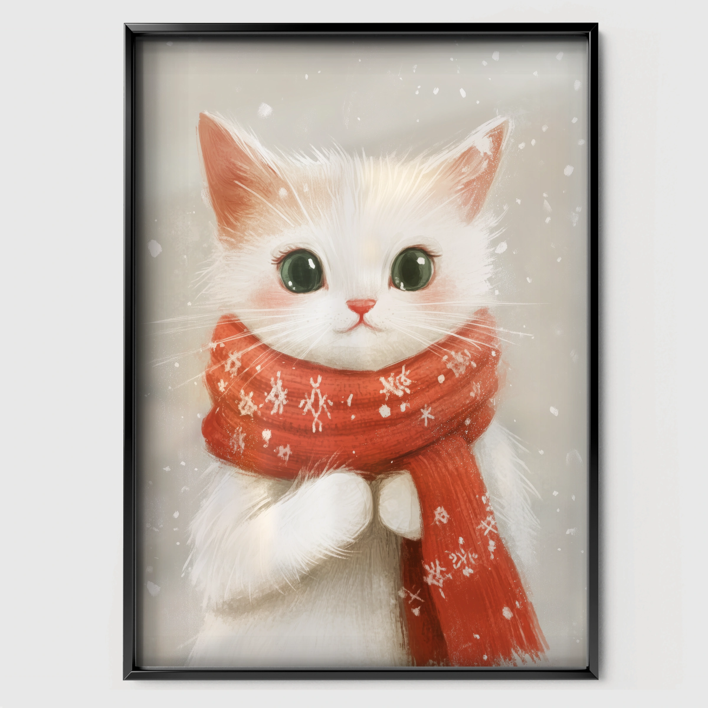 White Cat in a Scarf Christmas Print - black framed nursery wall art print