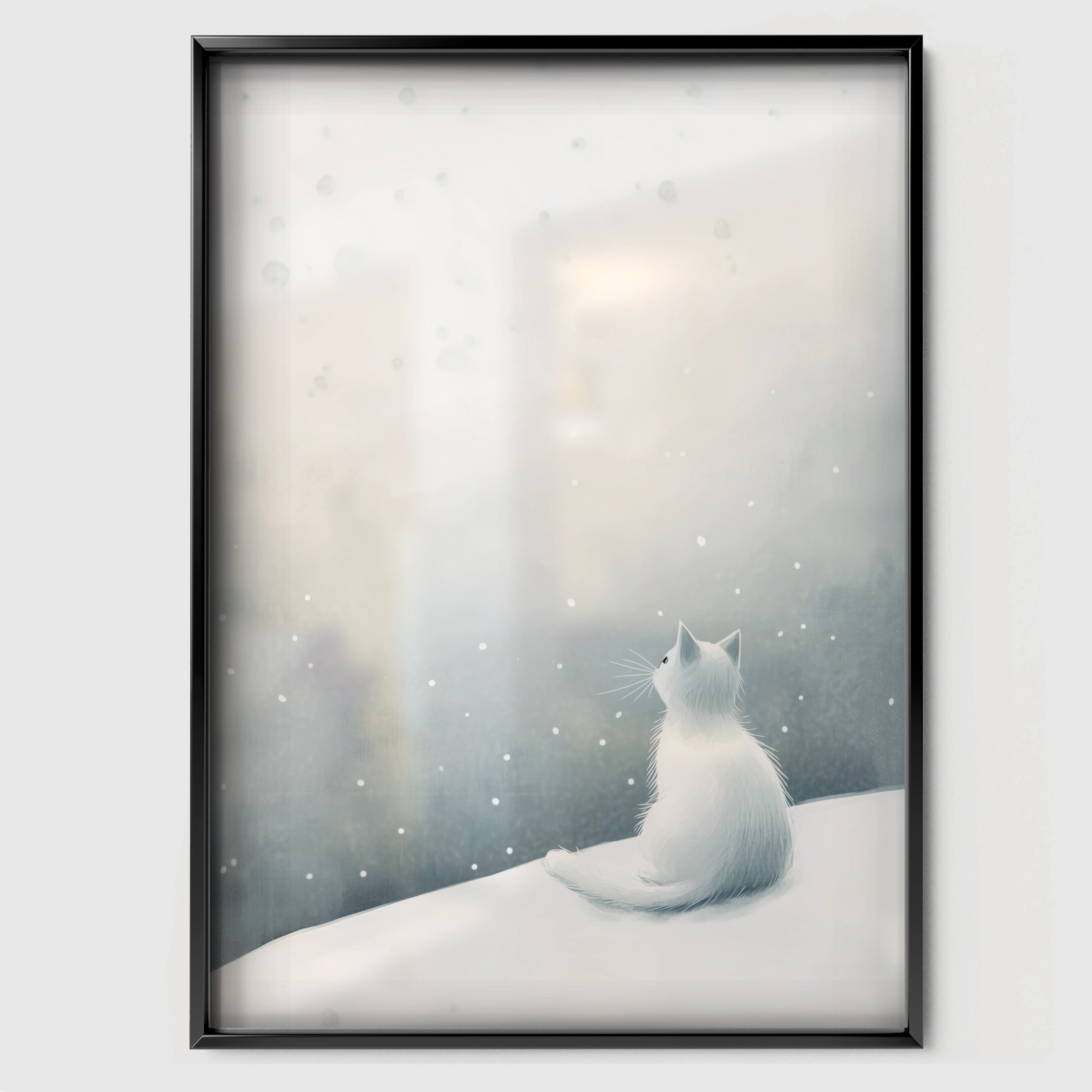 White Cat in the Snow Christmas Print - black framed nursery wall art print