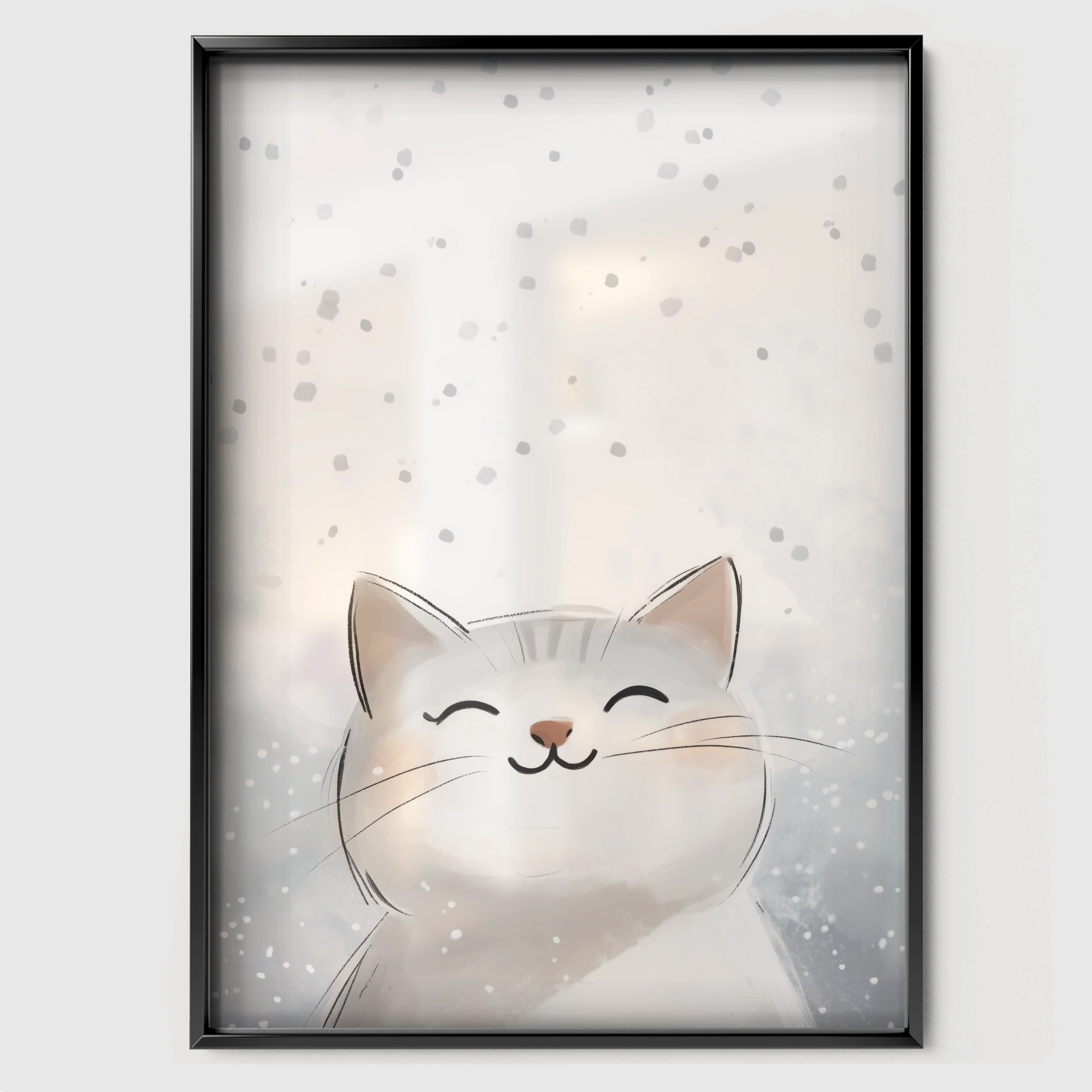 White Cat in the Snow Two Christmas Print - black framed nursery wall art print