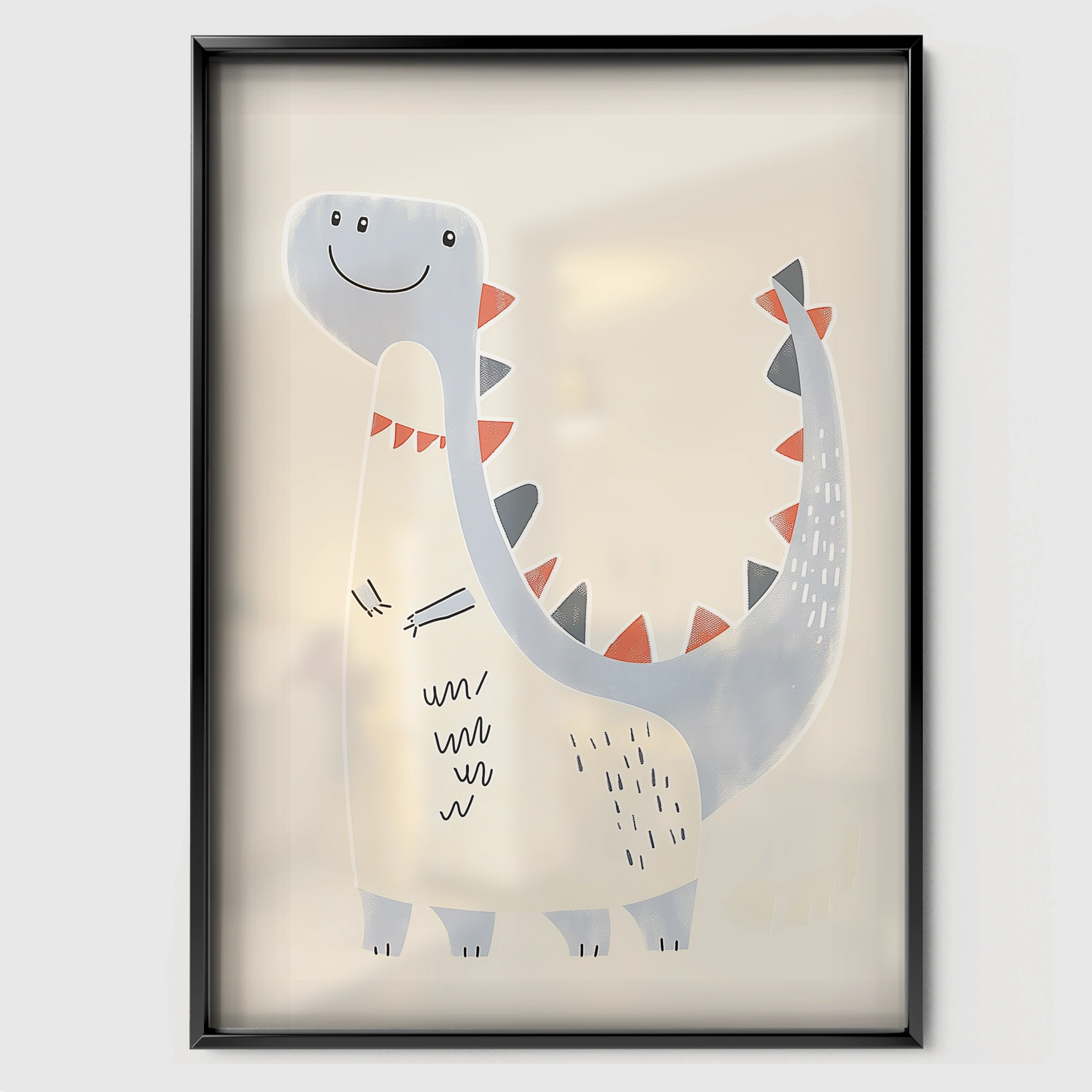 White Dinosaur Nursery Print - black framed nursery wall art print