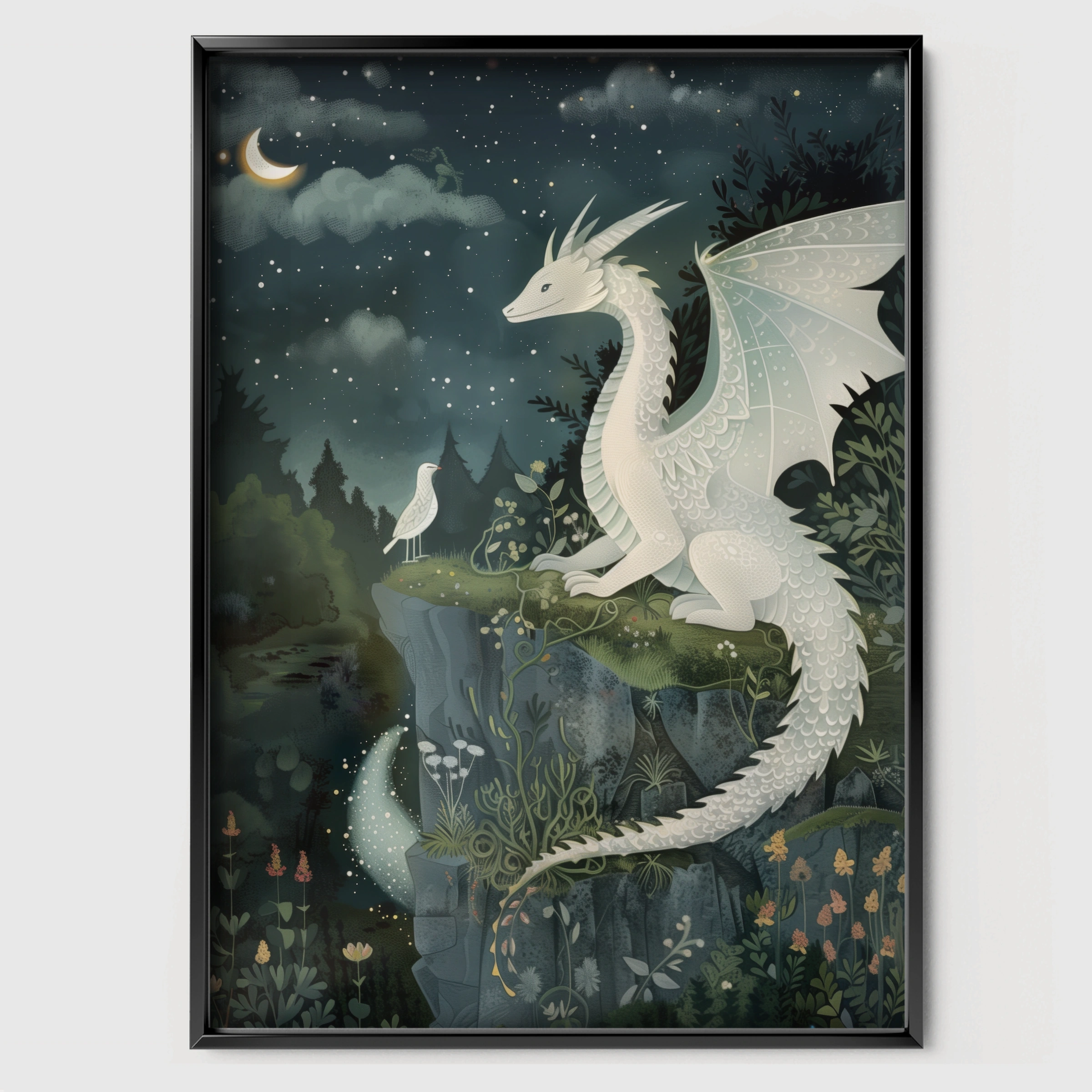 White Dragon Nursery Print - black framed nursery wall art print