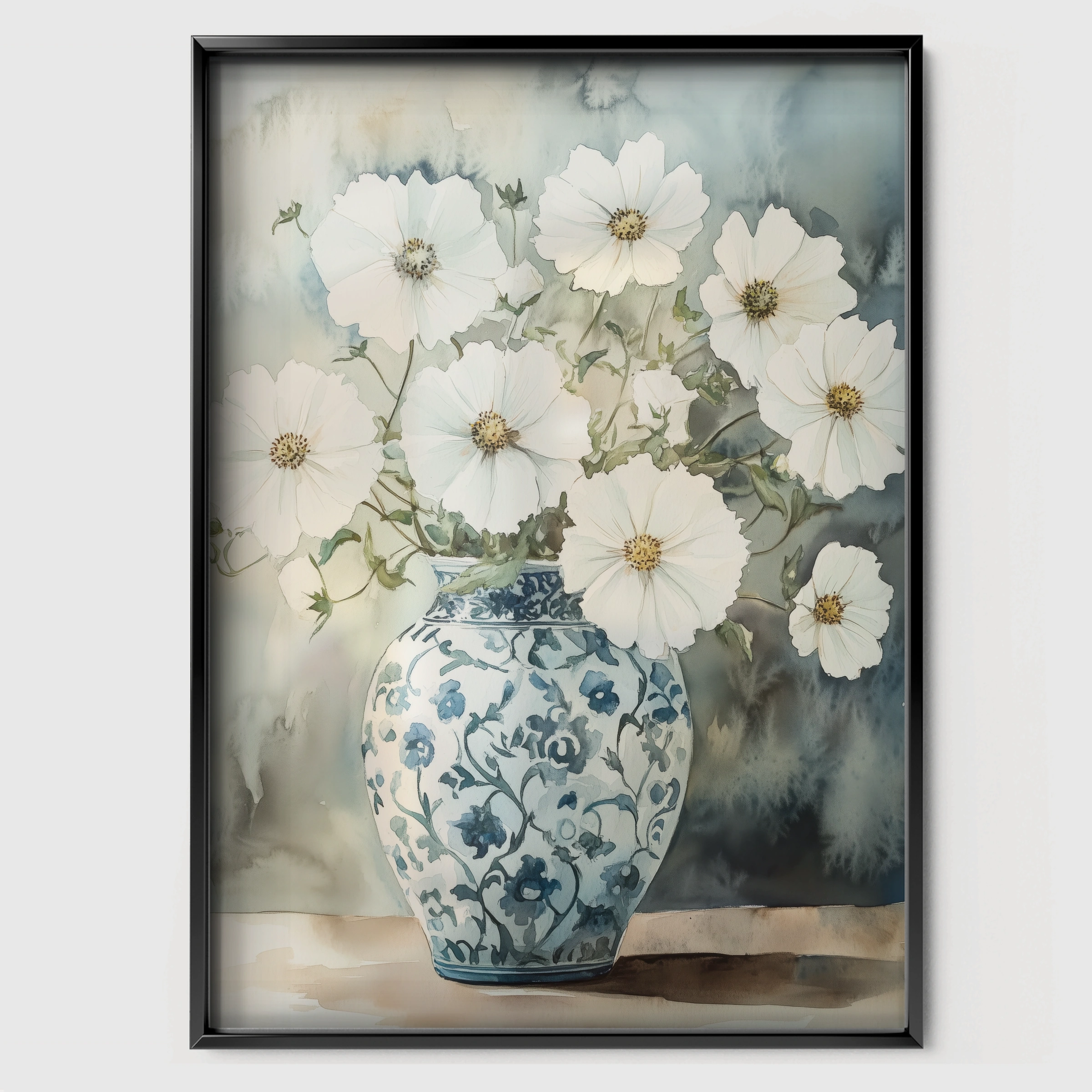 White Flowers in a Vase Nursery Print - black framed nursery wall art print