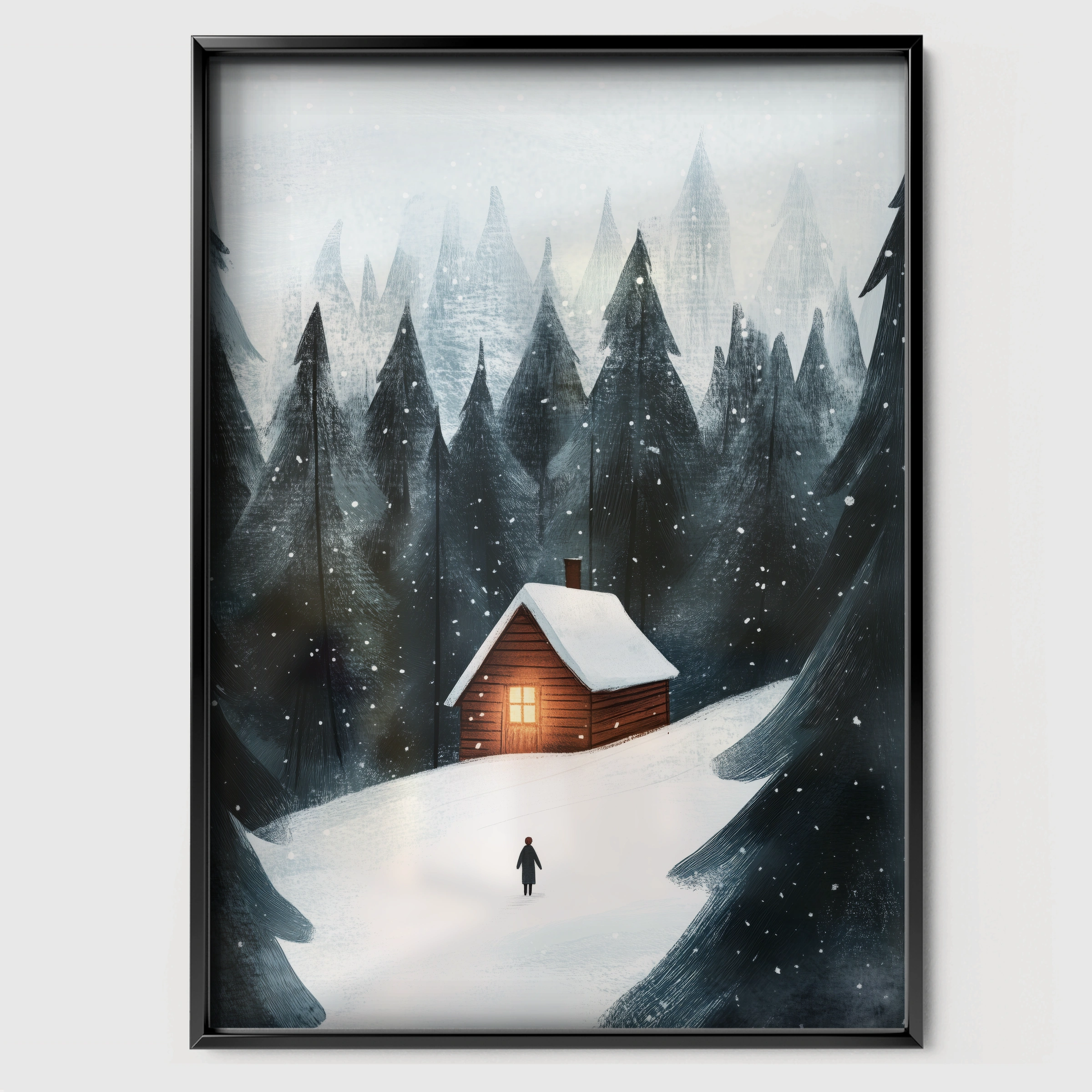 Winter Cabin Christmas Print - black framed nursery wall art print