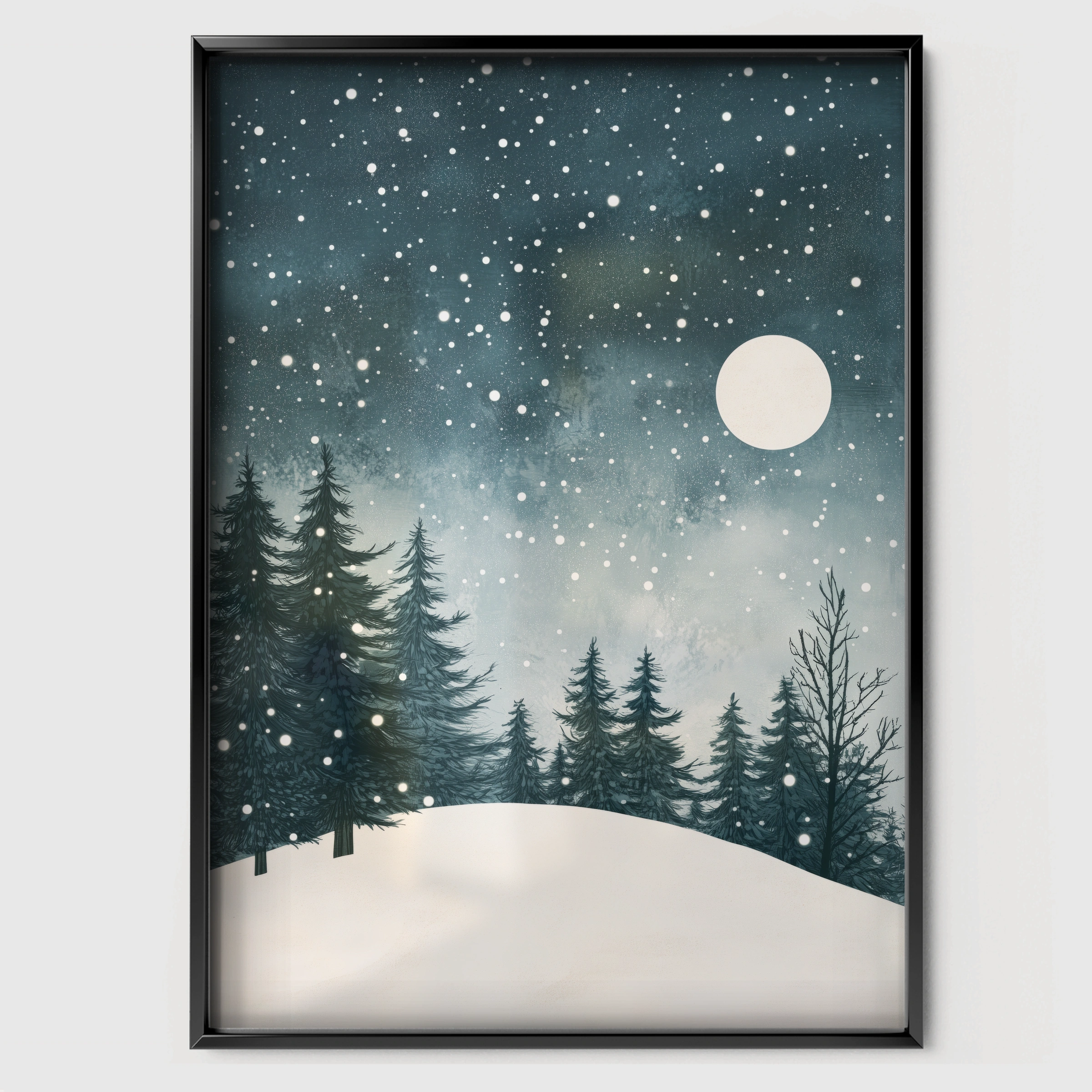 Winter Forest Moon Christmas Print - black framed nursery wall art print