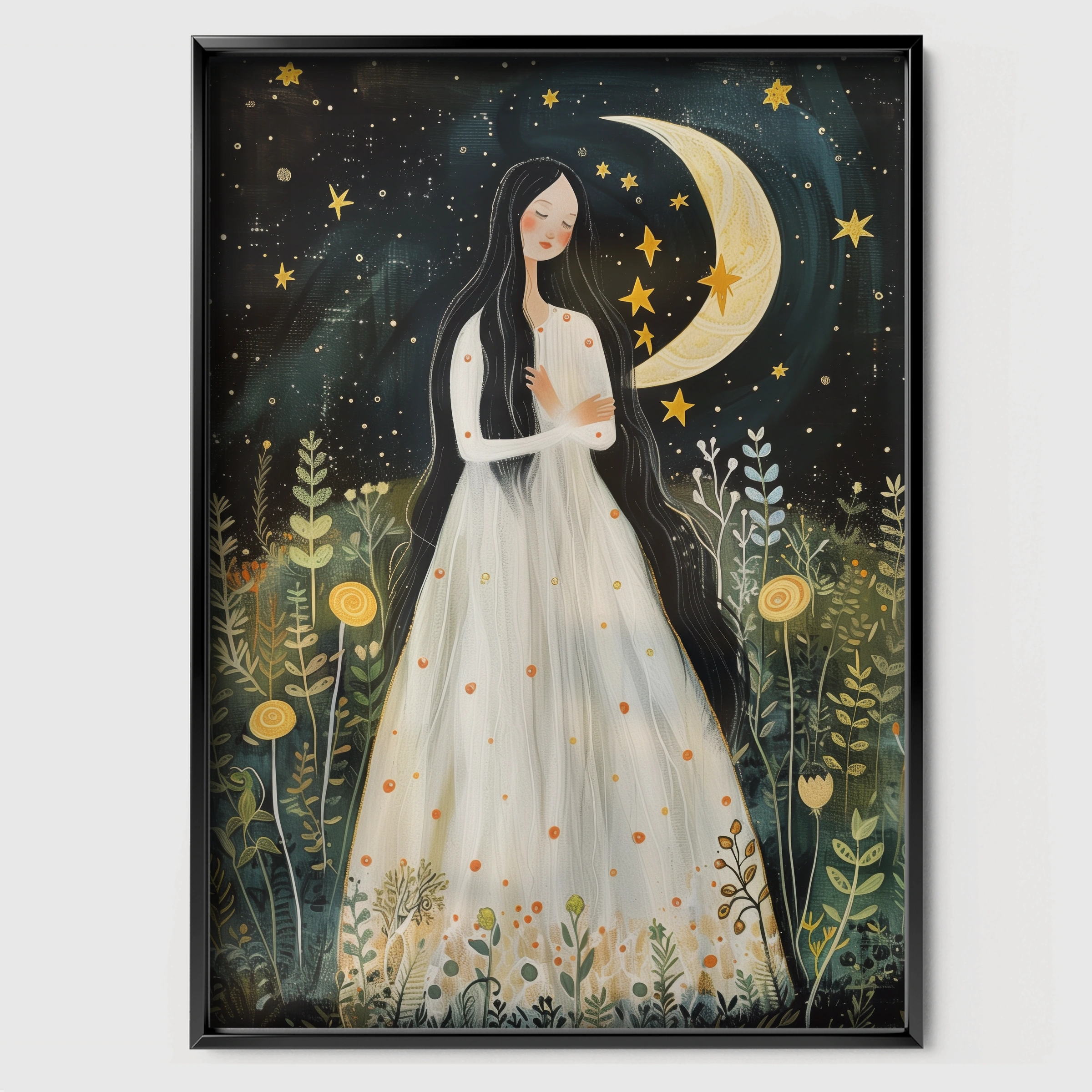 Woman and the Moon Nursery Print - black framed nursery wall art print
