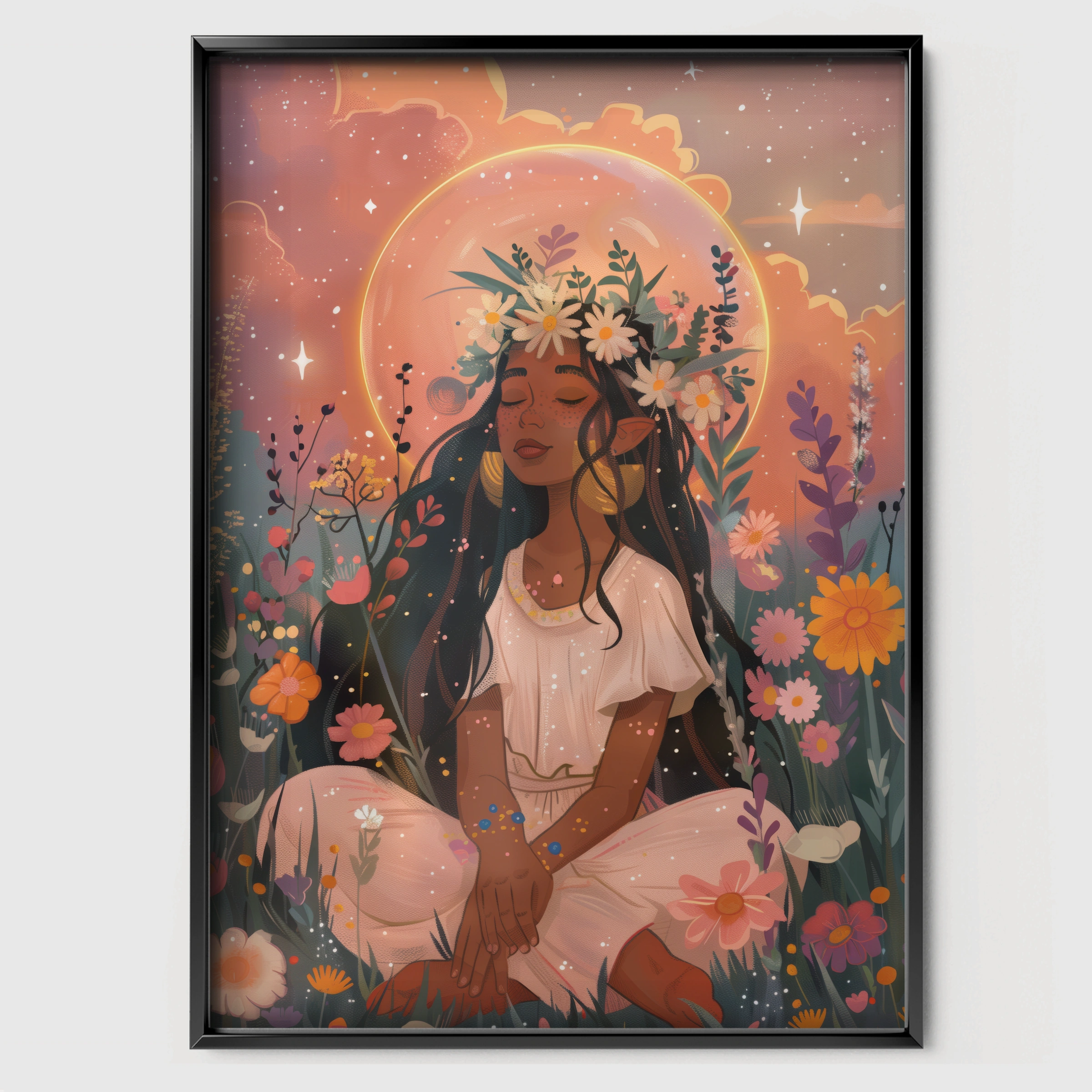 Woman with a Flower Halo Nursery Print - black framed nursery wall art print
