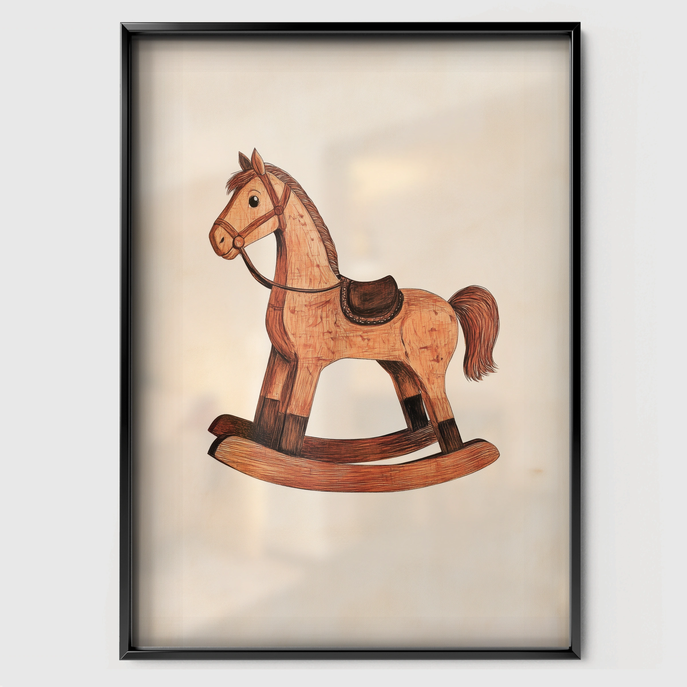 Wooden Rocking Horse Nursery Print - black framed nursery wall art print