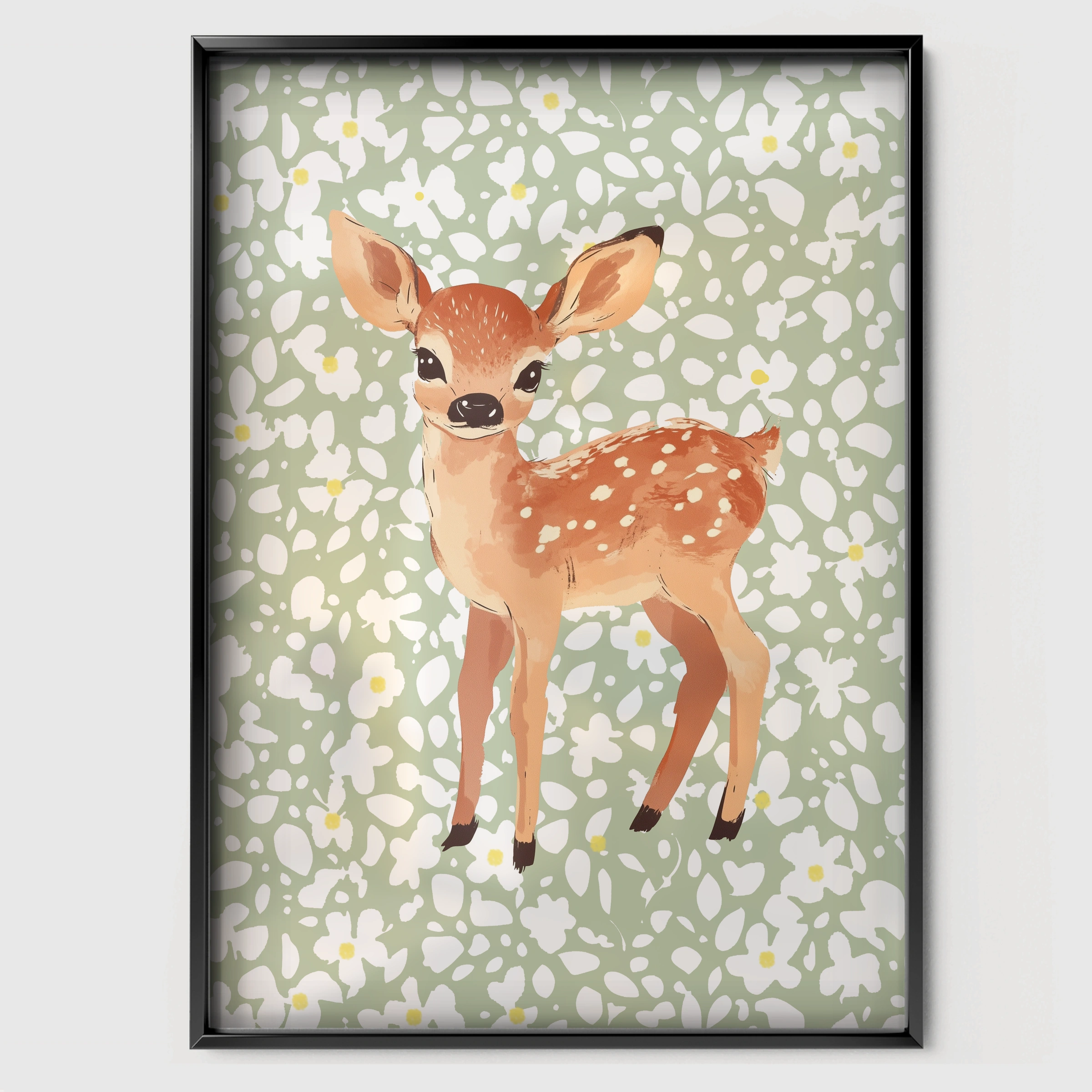 Woodland Fawn Nursery Print - black framed nursery wall art print