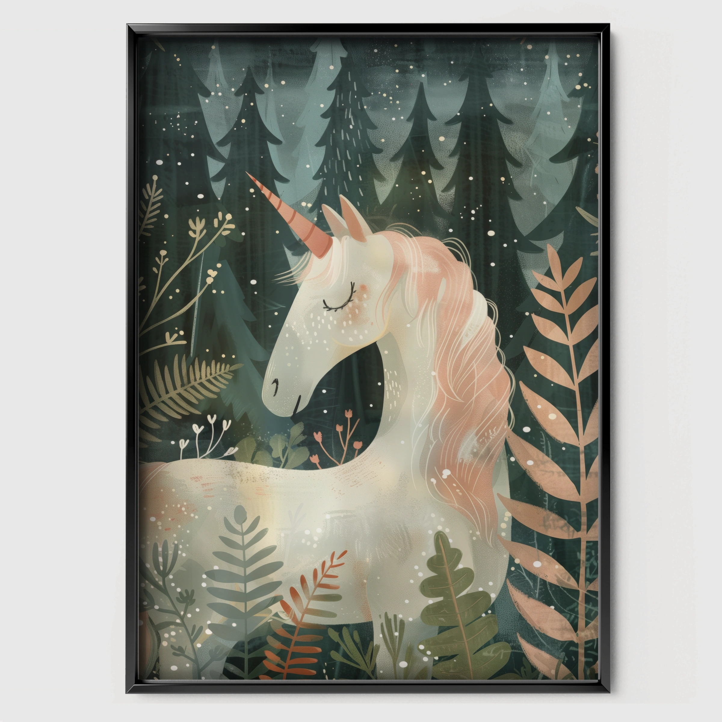 Woodland Unicorn Nursery Print - black framed nursery wall art print
