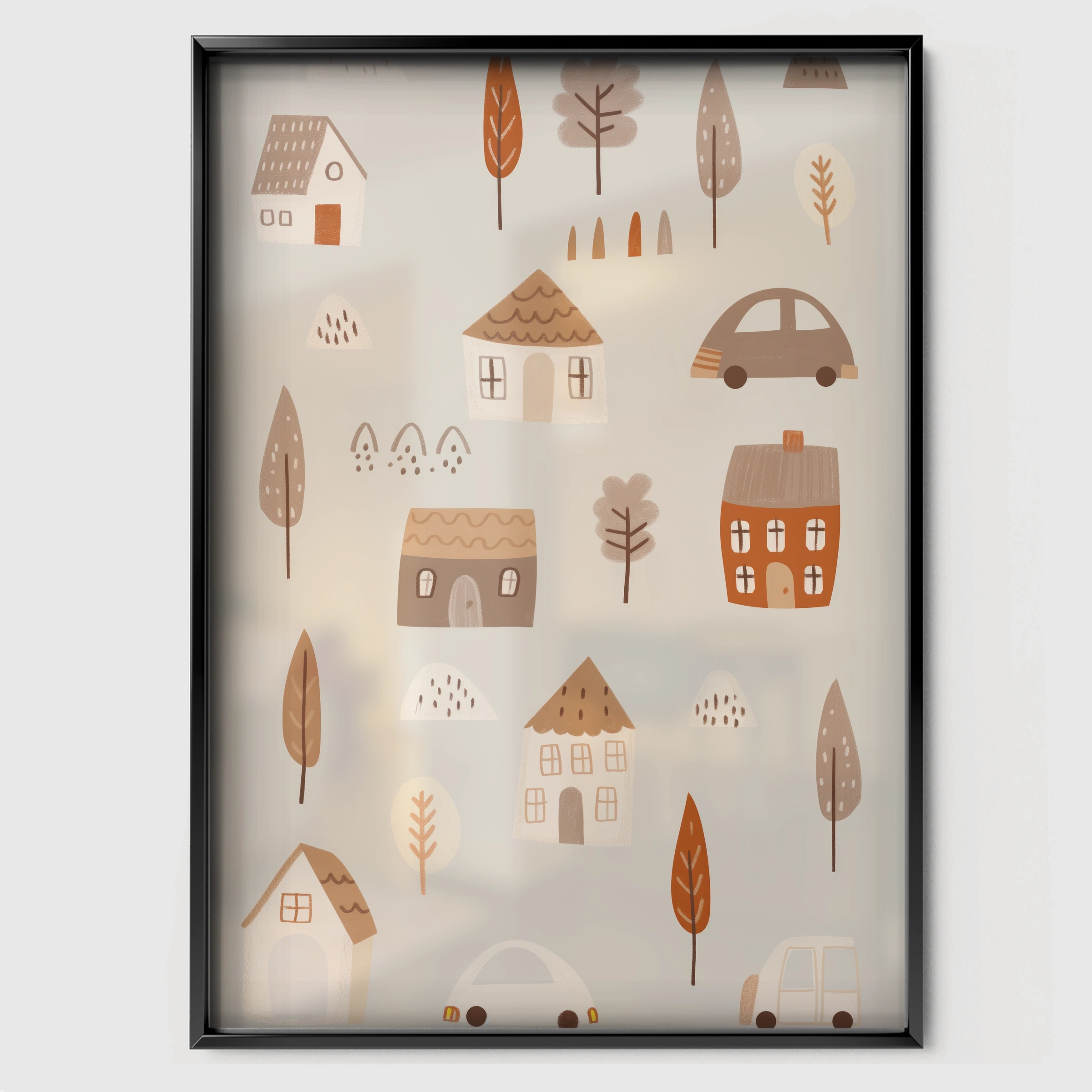Woodland Village Nursery Print - black framed nursery wall art print