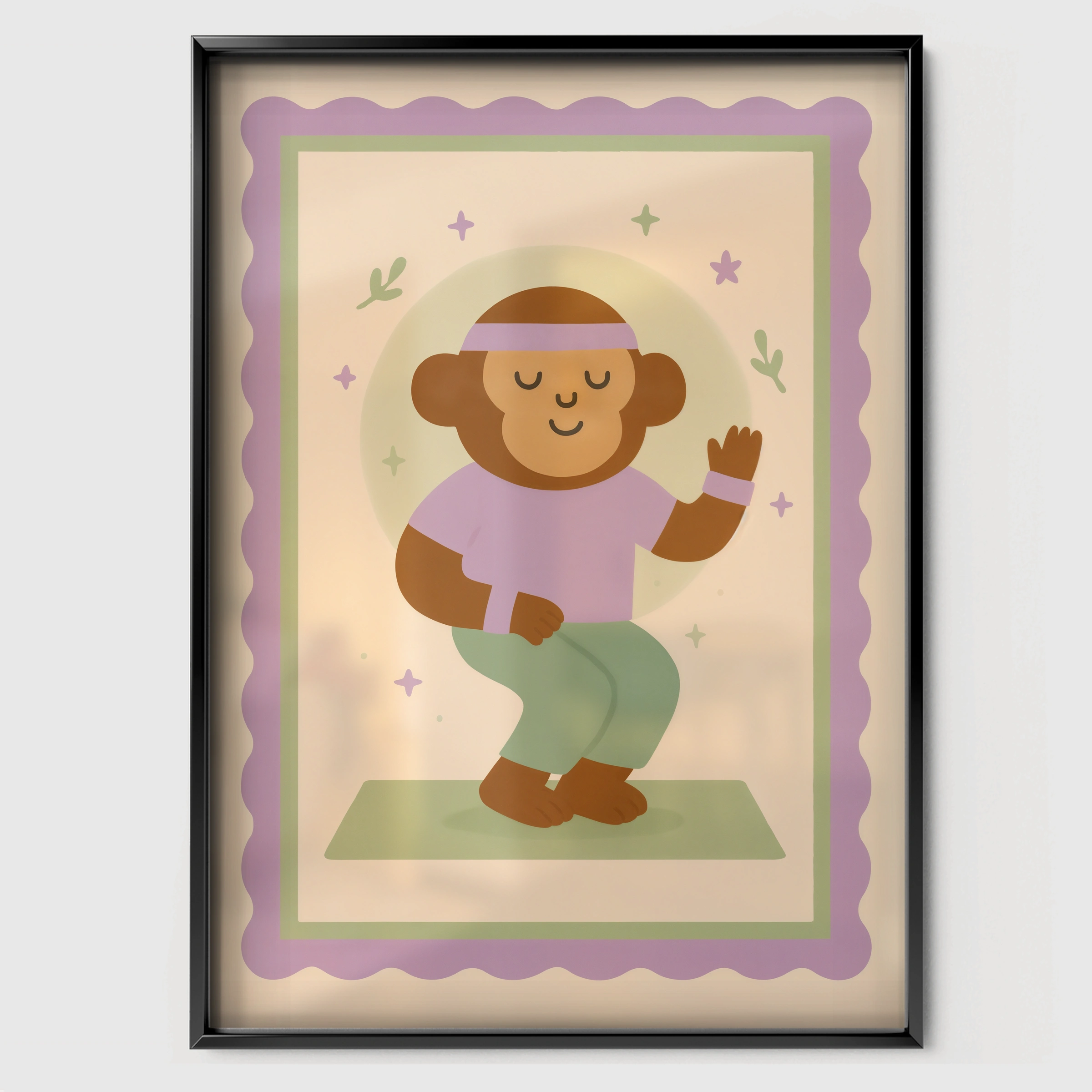 Yoga Monkey Nursery Print - black framed nursery wall art print