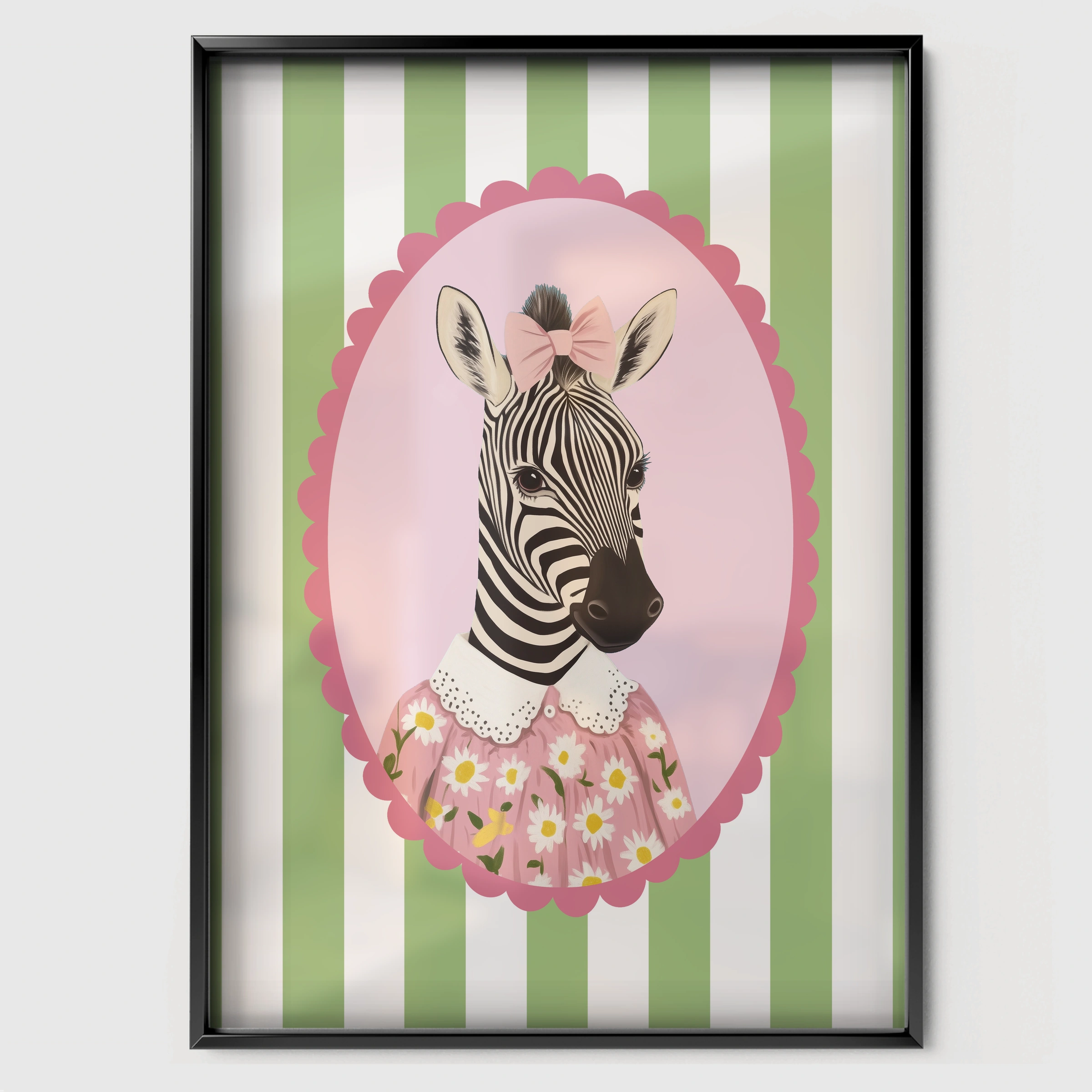 Zebra in a Dress Nursery Print - black framed nursery wall art print
