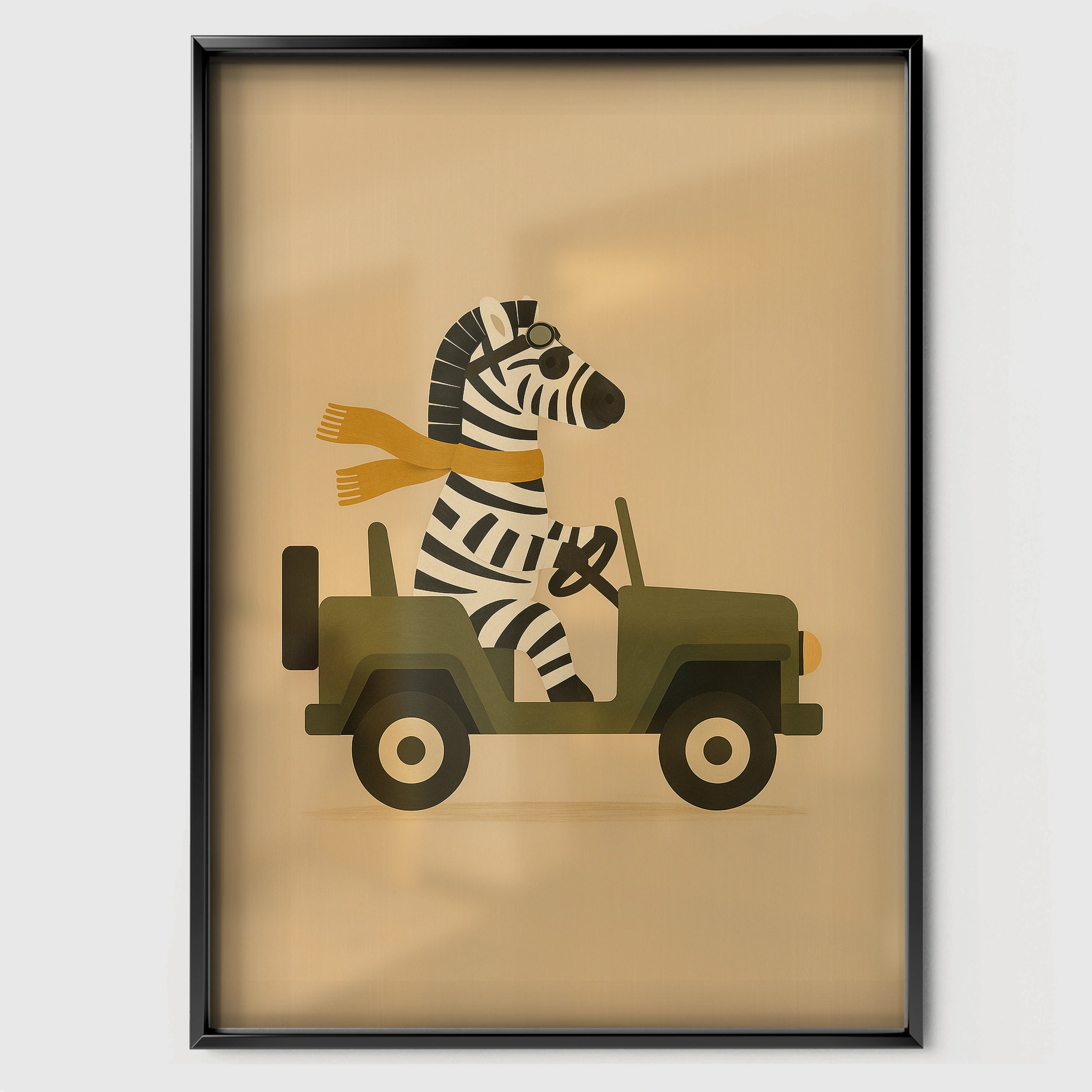 Zebra in a Jeep Nursery Print - black framed nursery wall art print