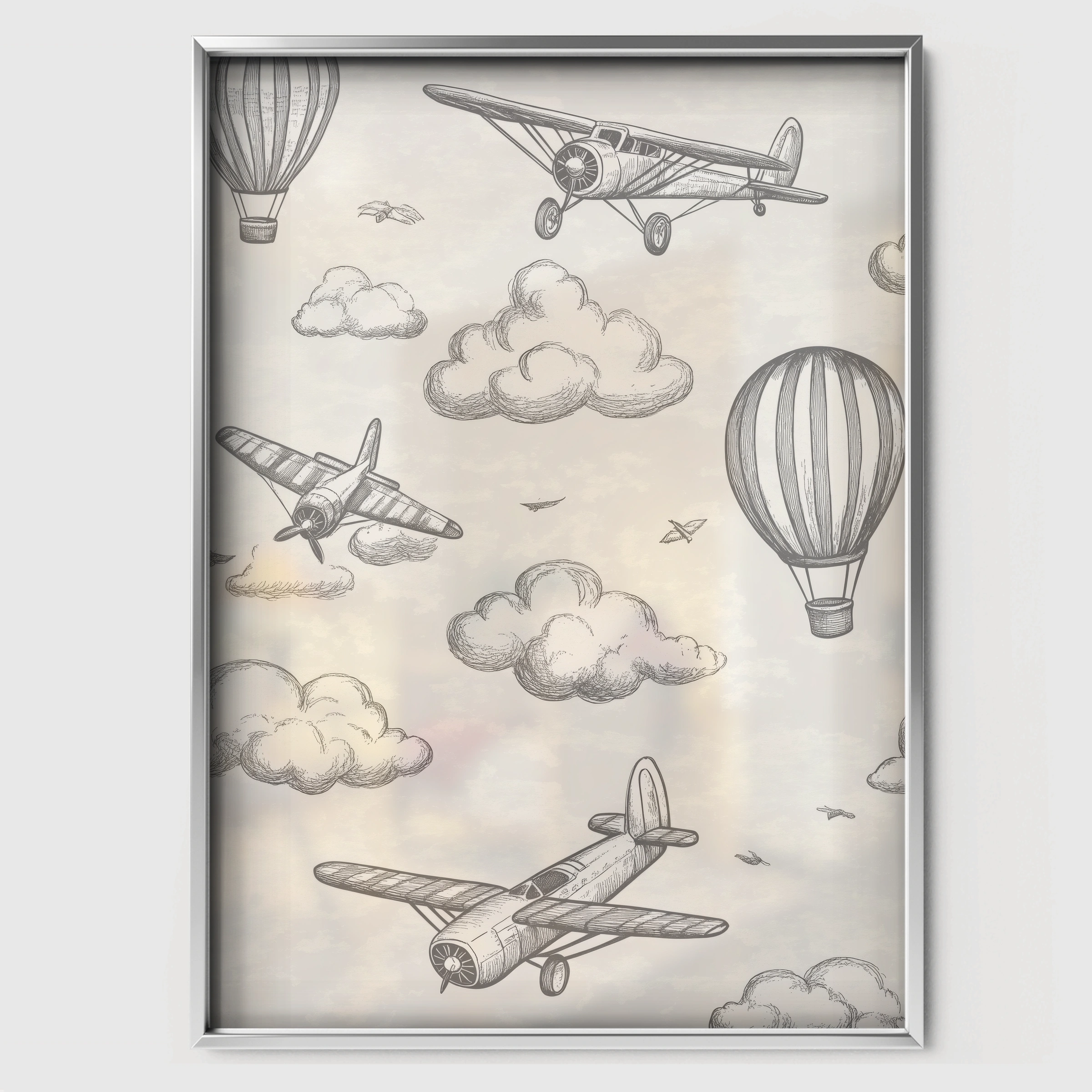 Airplanes and Balloons Nursery Print - white framed nursery wall art print