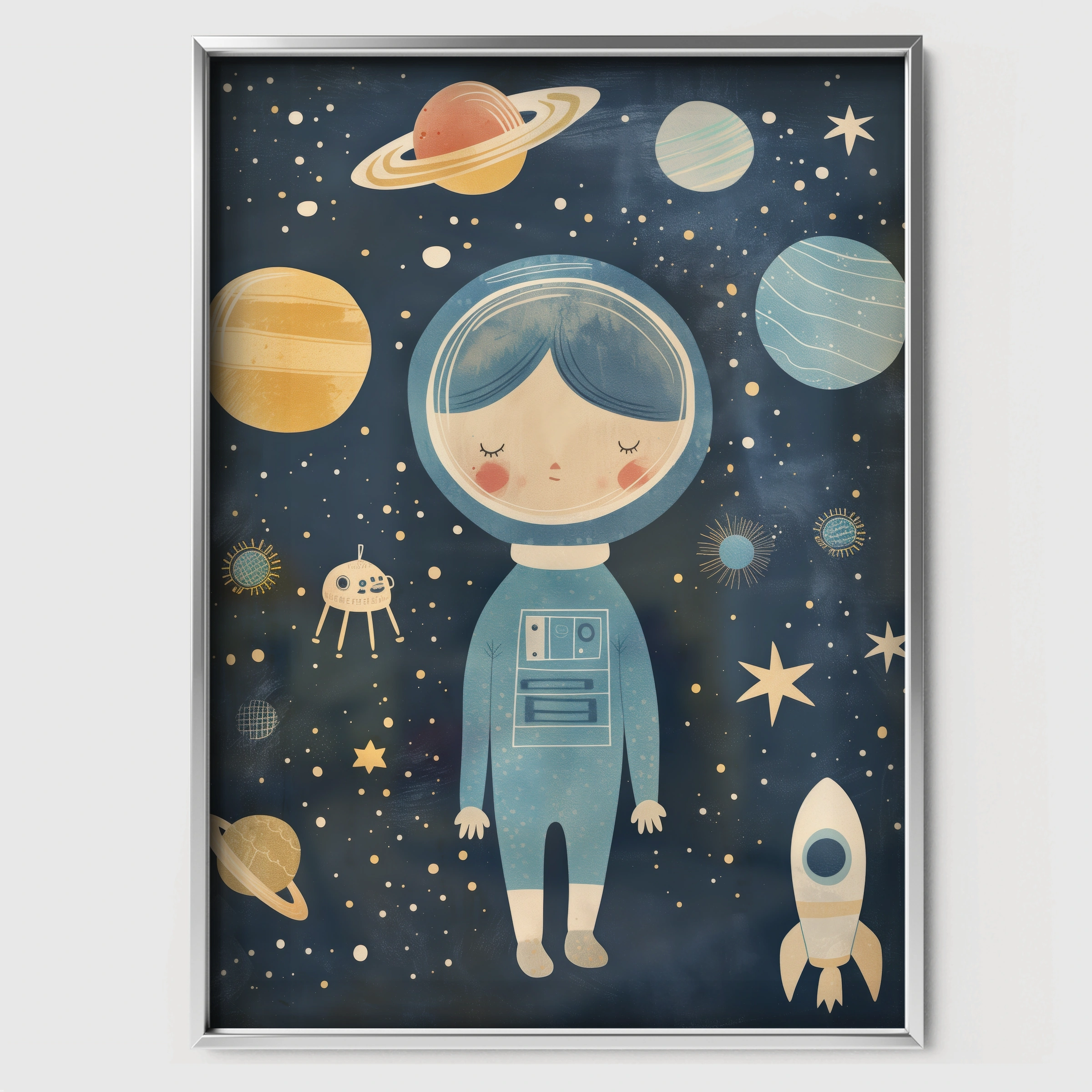 Astronaut Among Planets Nursery Print - white framed nursery wall art print