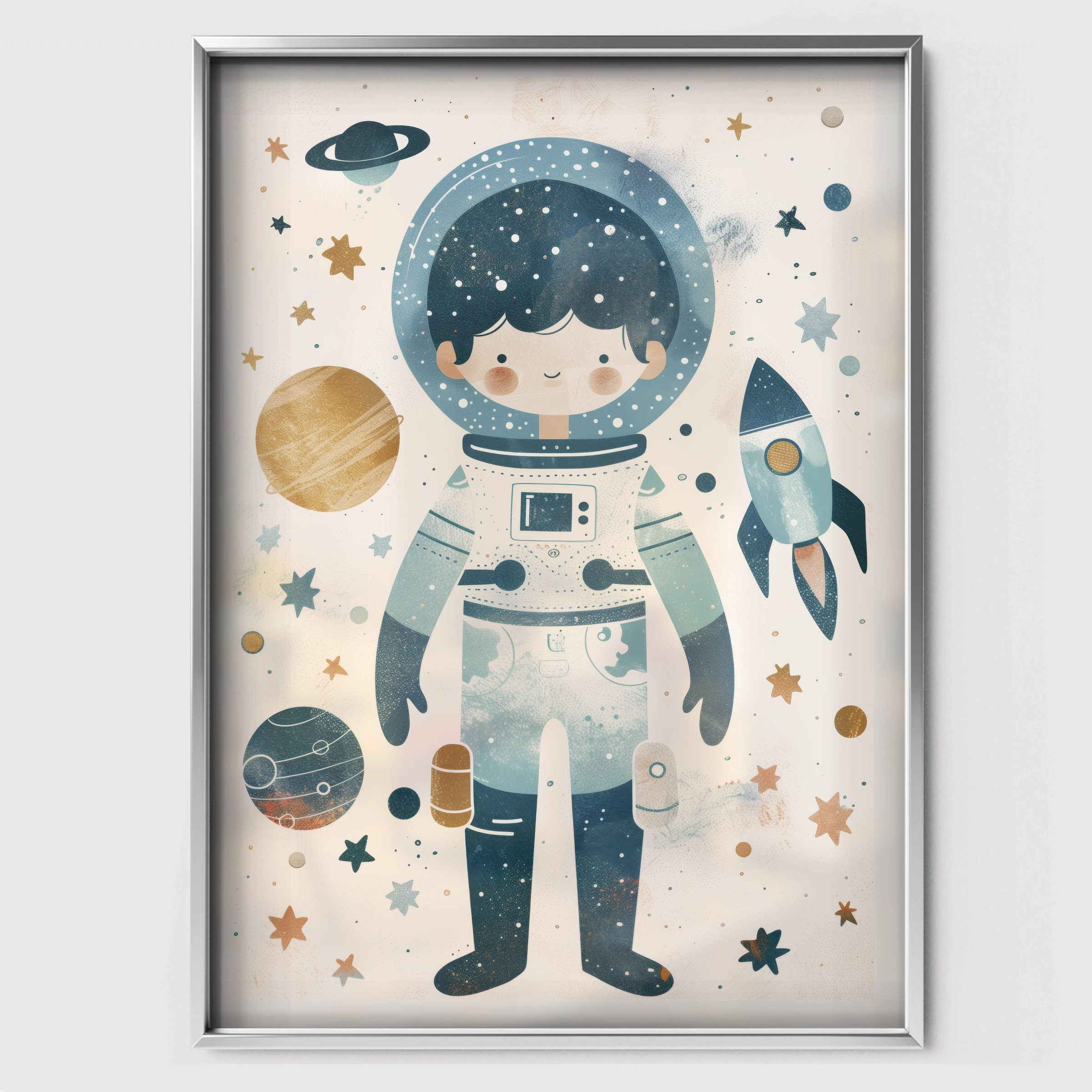 Astronaut and Rocket Nursery Print - white framed nursery wall art print