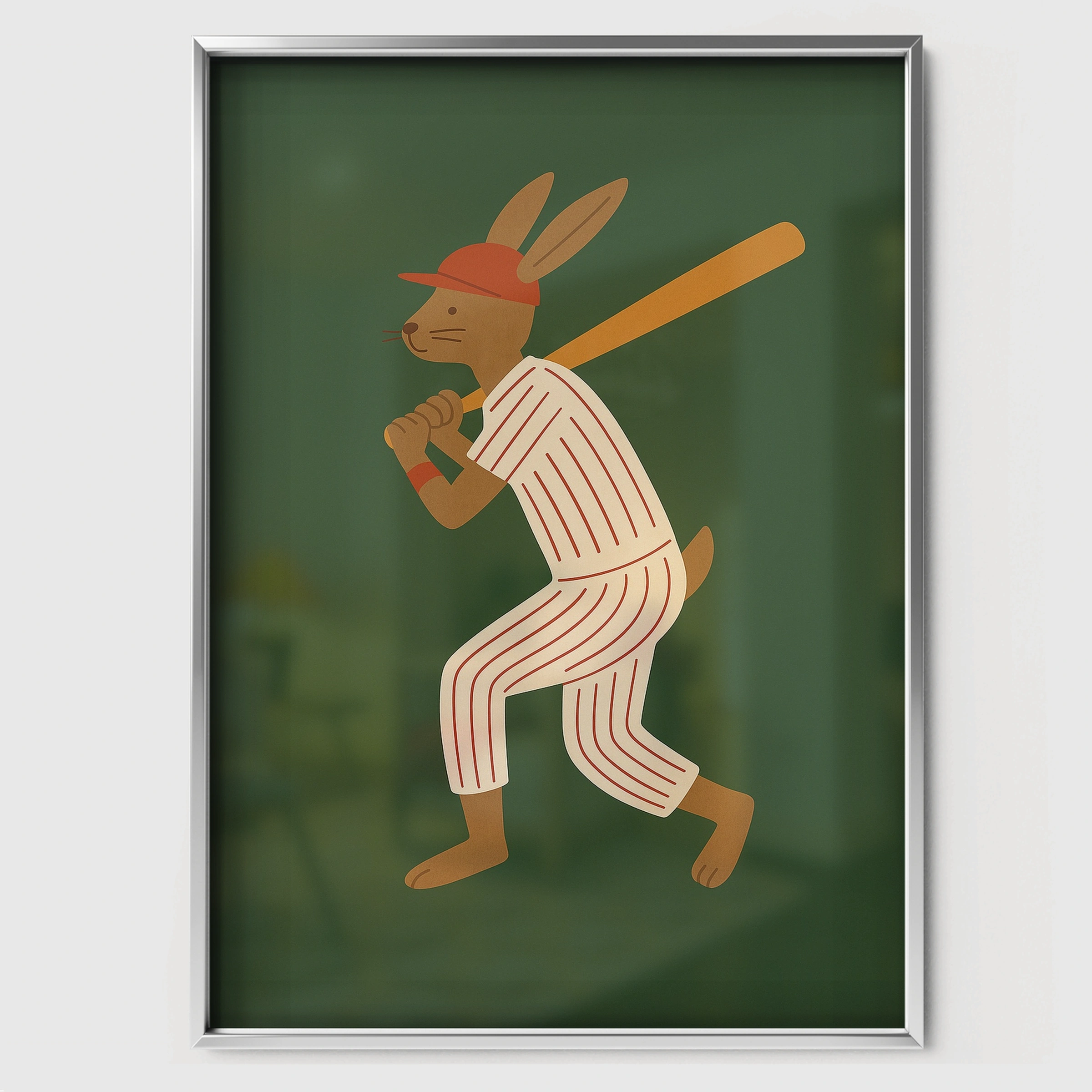 Baseball Batter Rabbit Nursery Print - white framed nursery wall art print