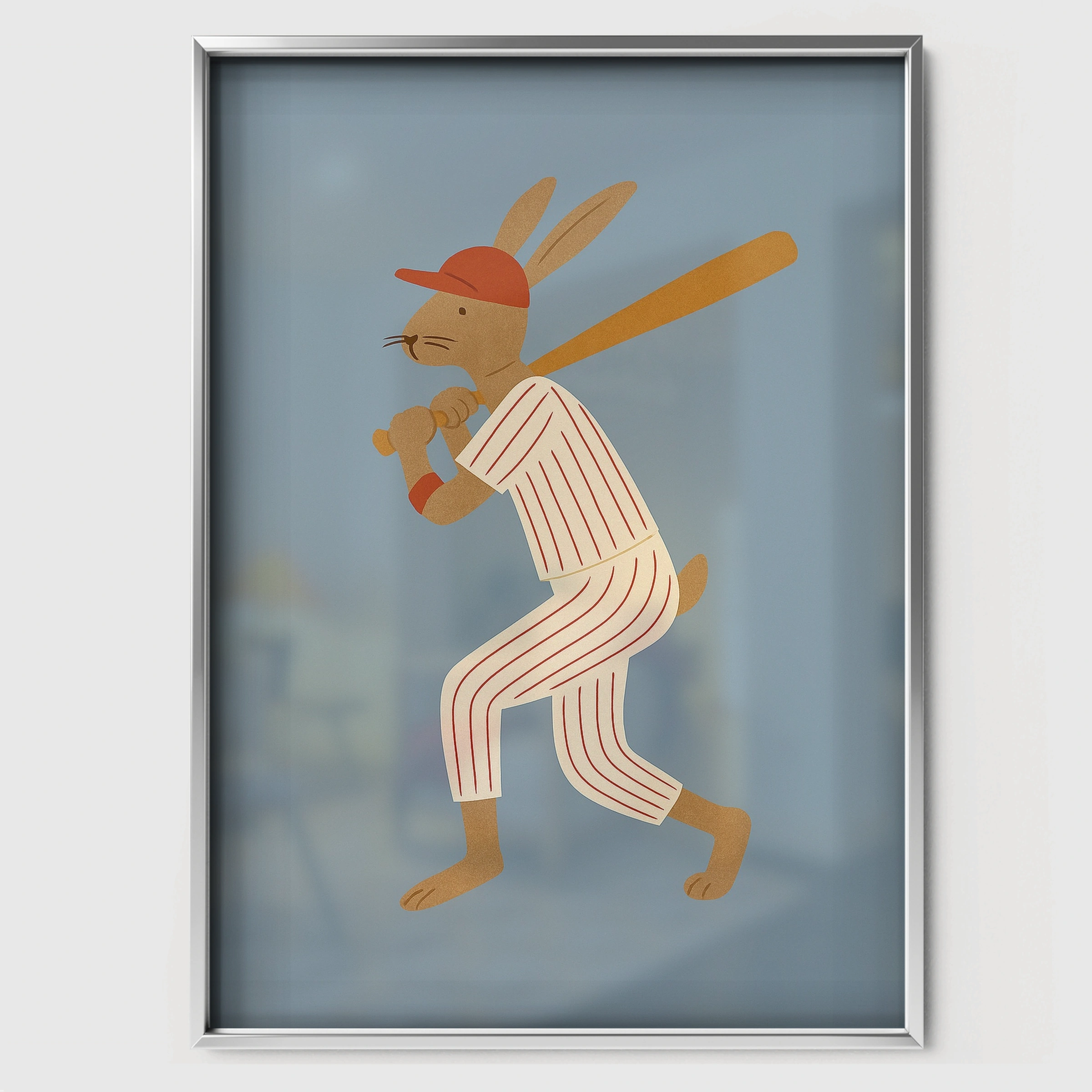 Baseball Rabbit Nursery Print - white framed nursery wall art print