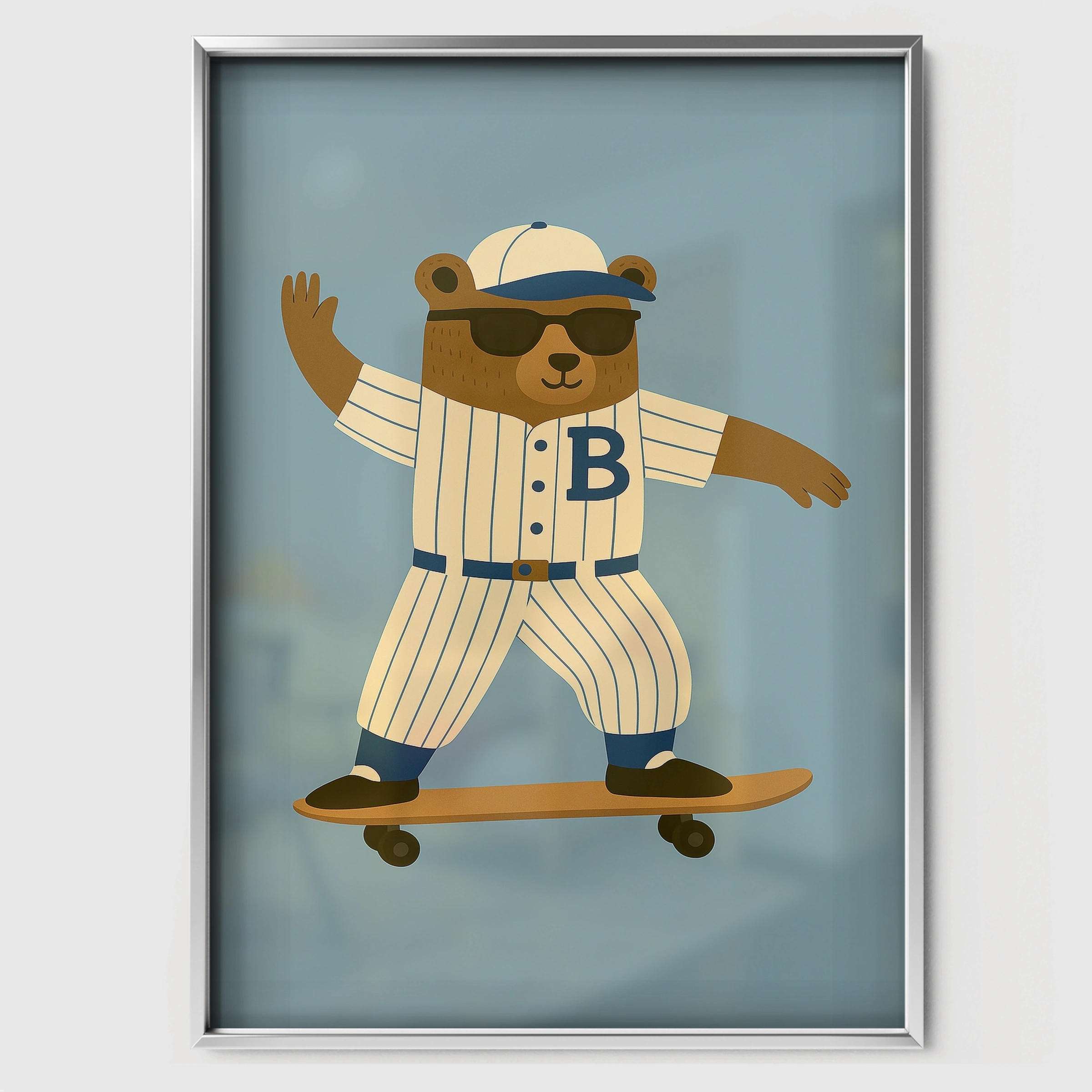 Baseball Skater Bear Nursery Print - white framed nursery wall art print
