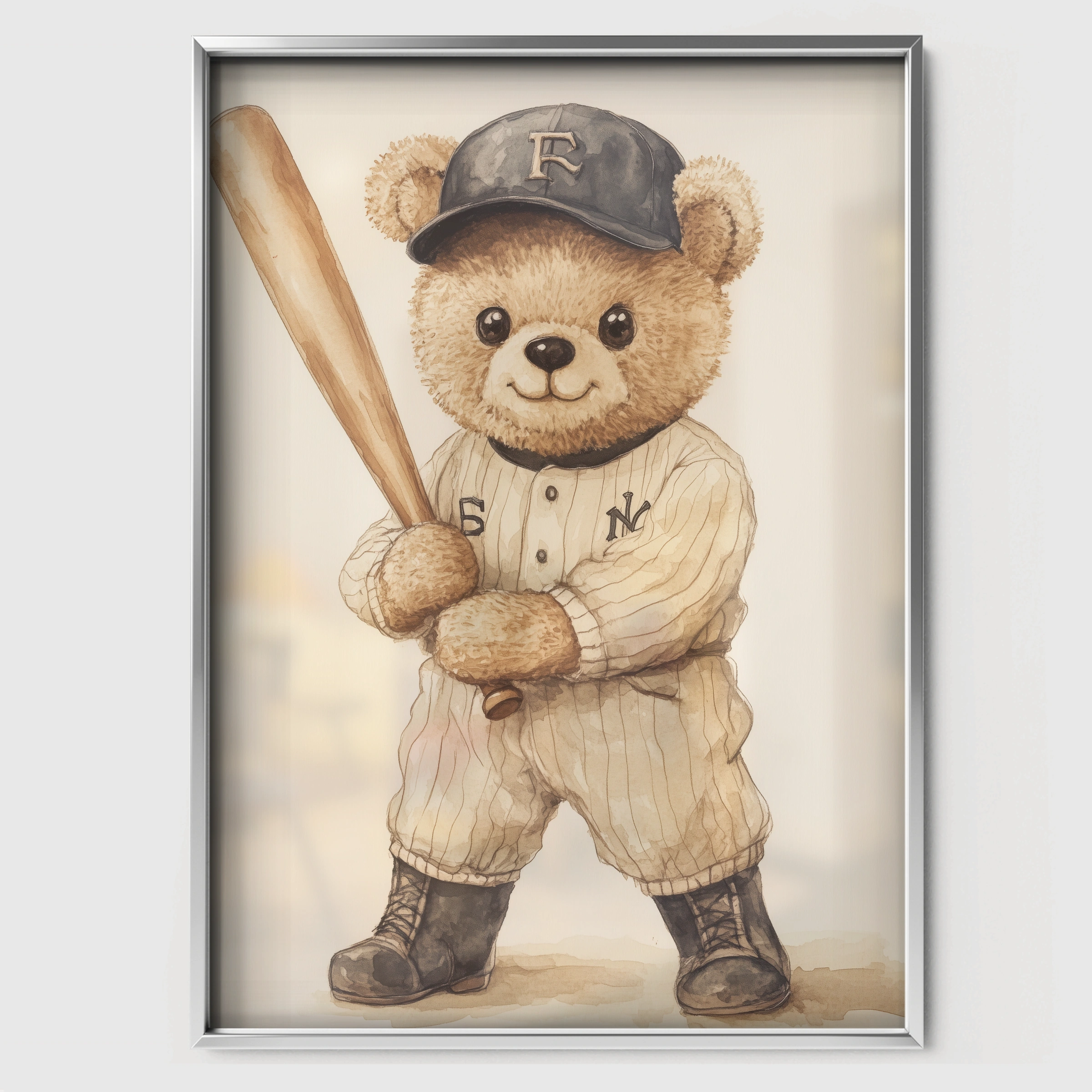 Baseball Teddy Bear Nursery Print - white framed nursery wall art print
