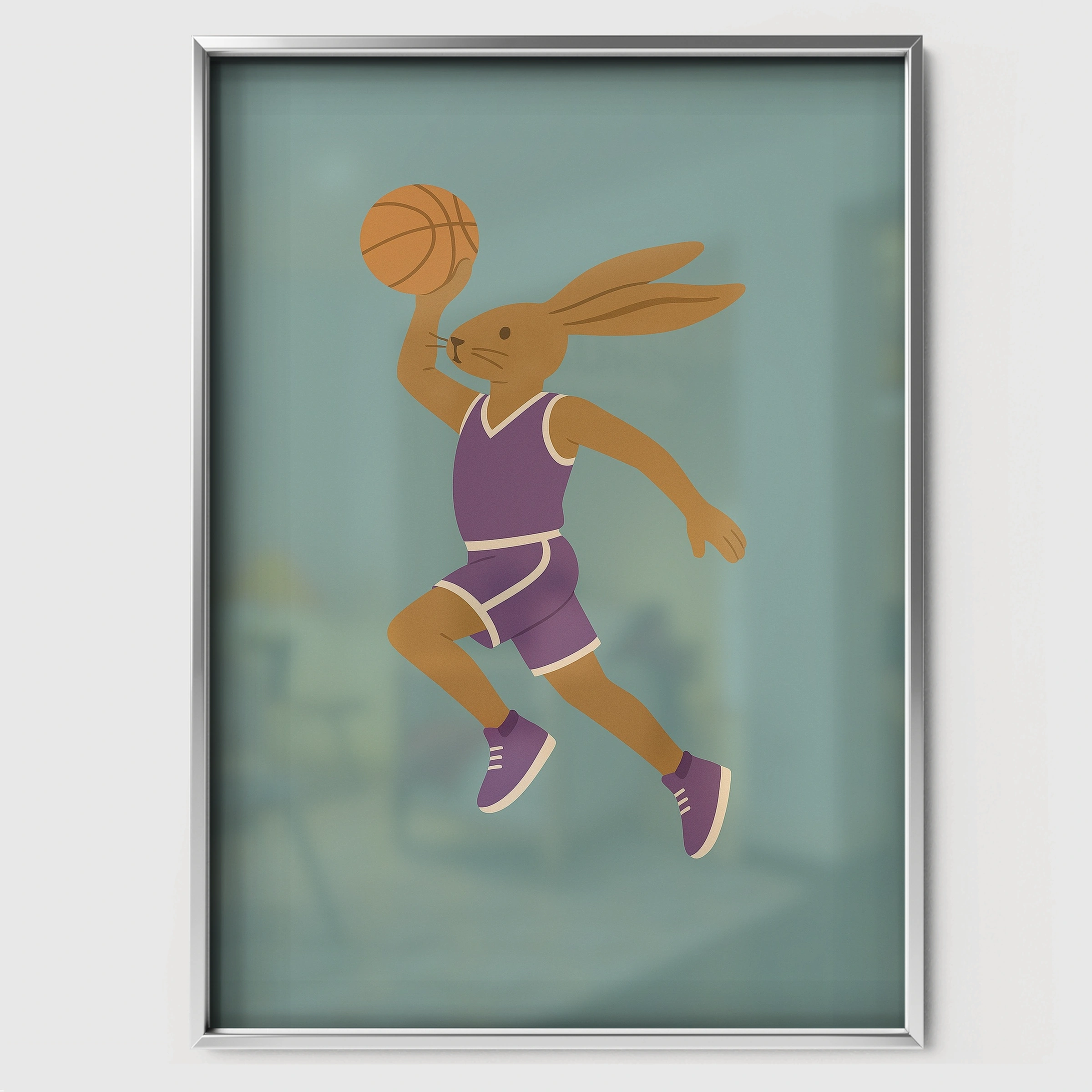 Basketball Rabbit Nursery Print - white framed nursery wall art print
