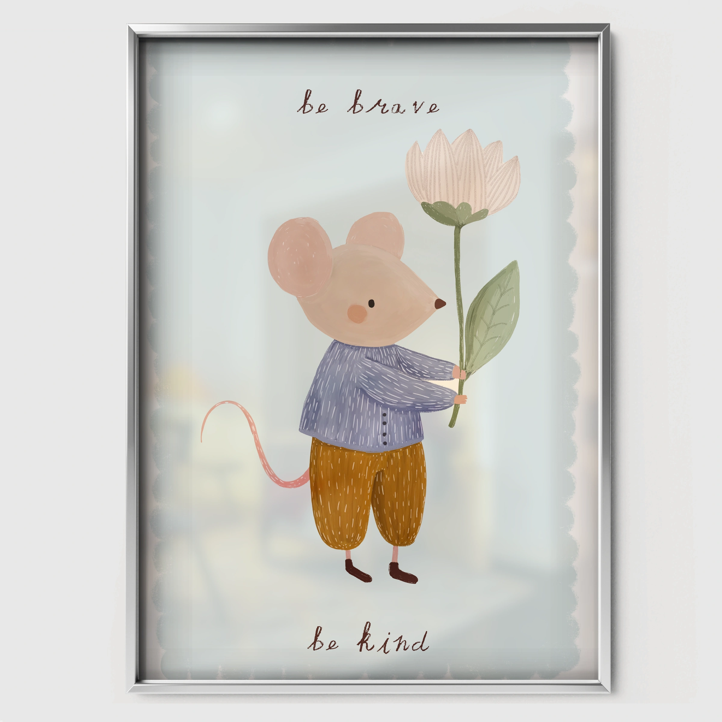 Be Brave Be Kind Mouse Nursery Print - white framed nursery wall art print
