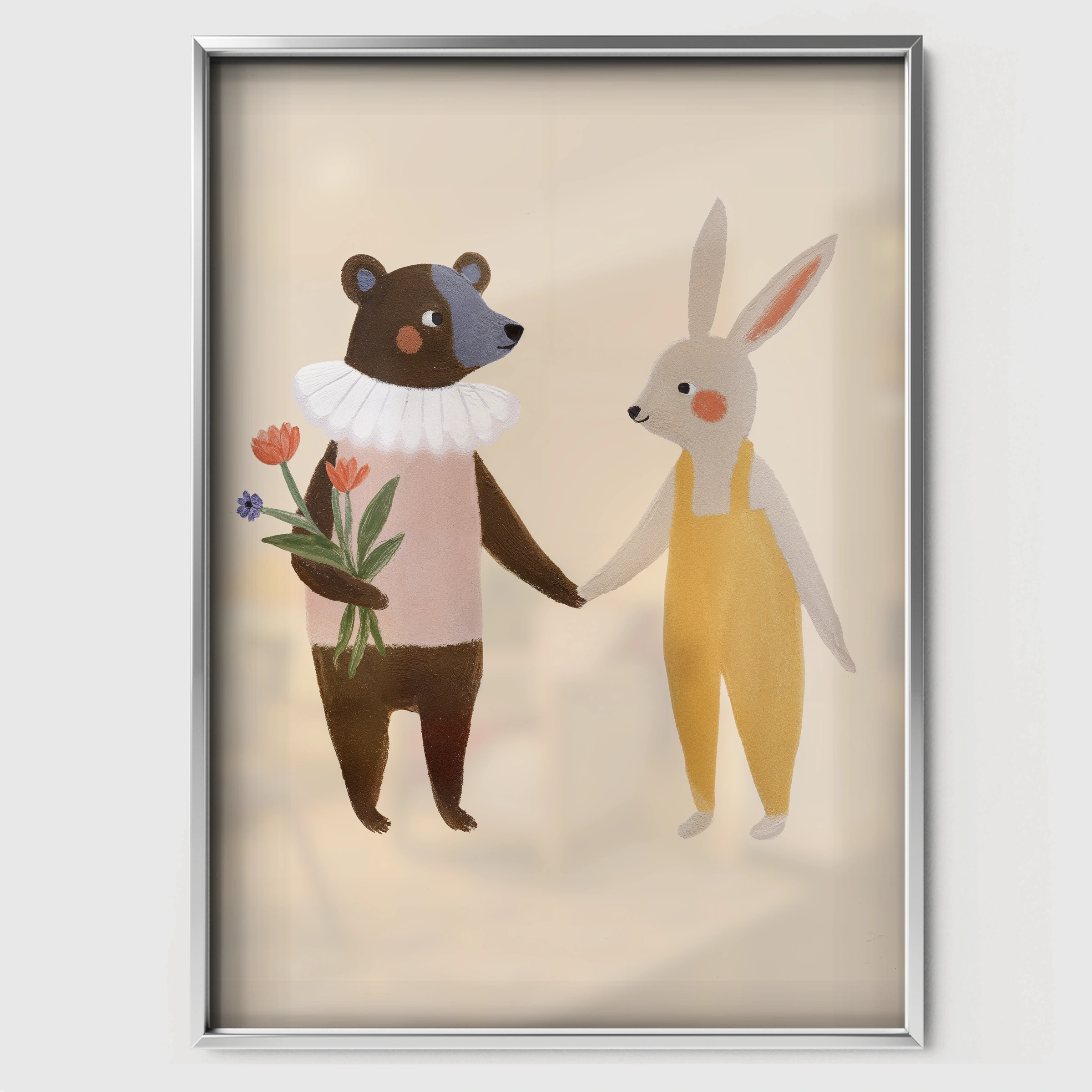 Bear and Bunny Nursery Print - white framed nursery wall art print